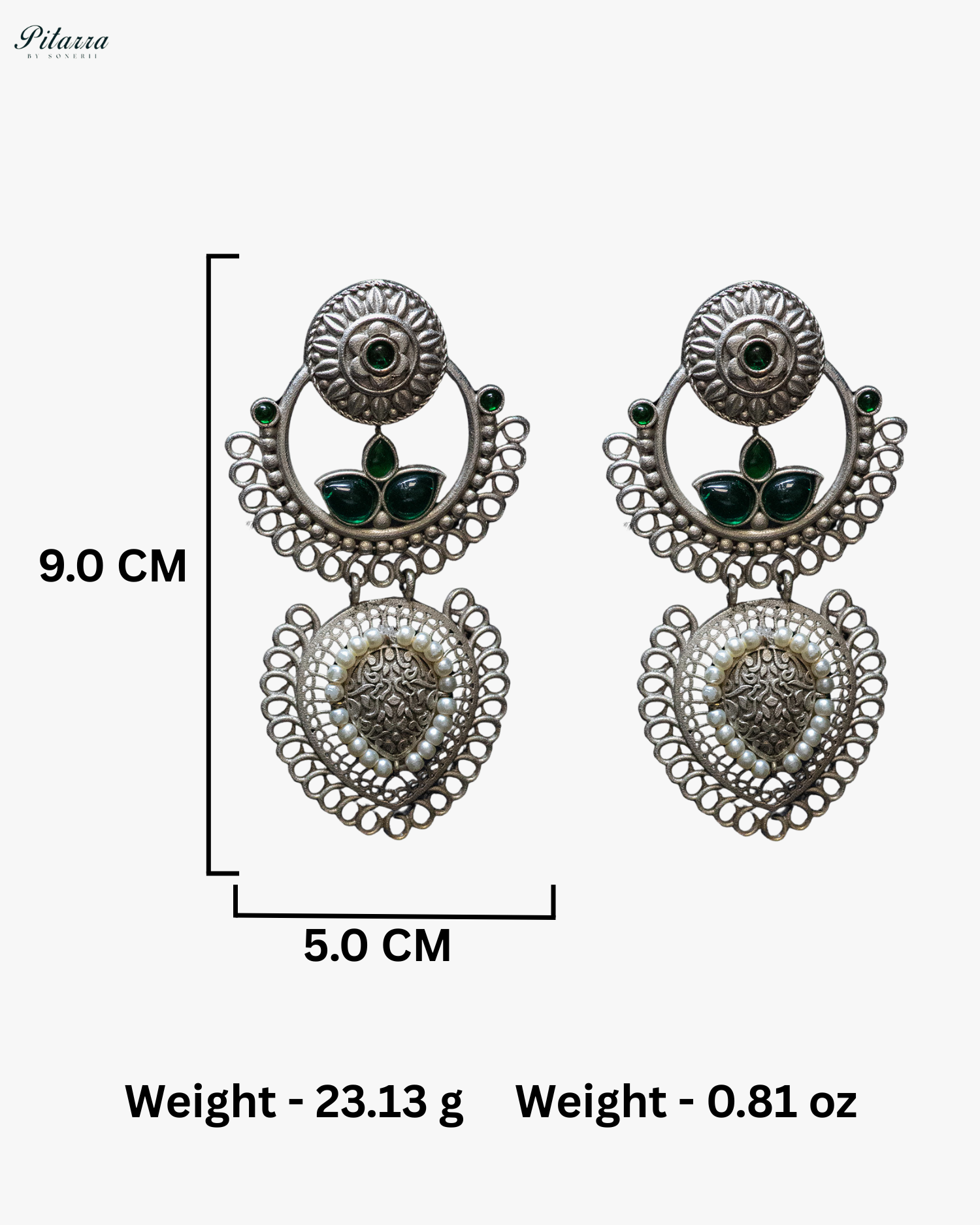 Dark Green Stone White Pearl Silver Look Alike Dangler Earrings
