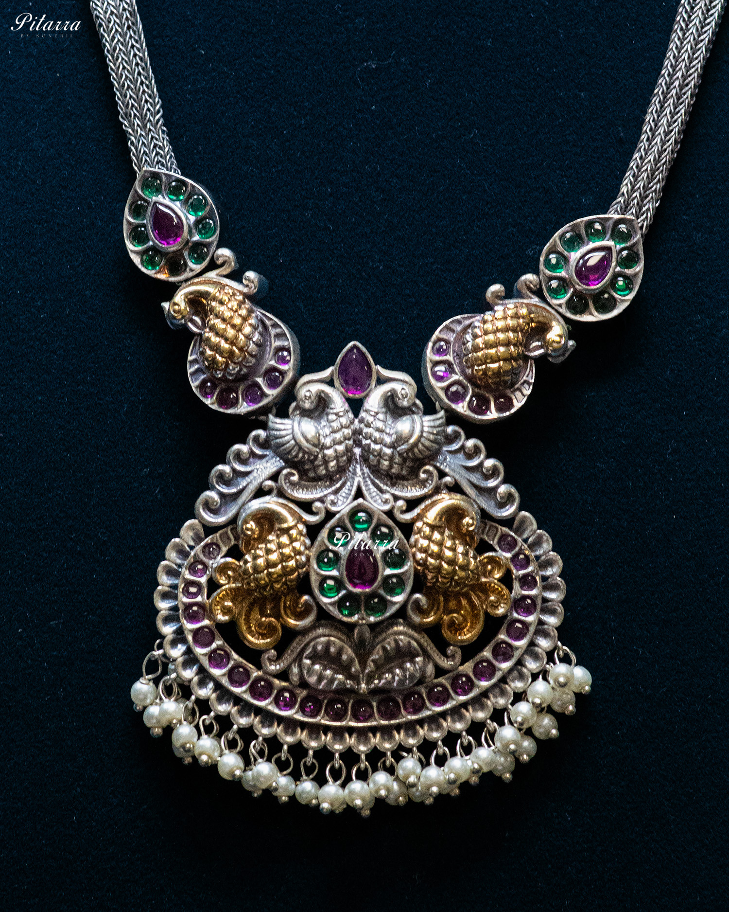 Peacock Carved Pink Stone Pink Layer Stone Silver Look Alike Pendant Set