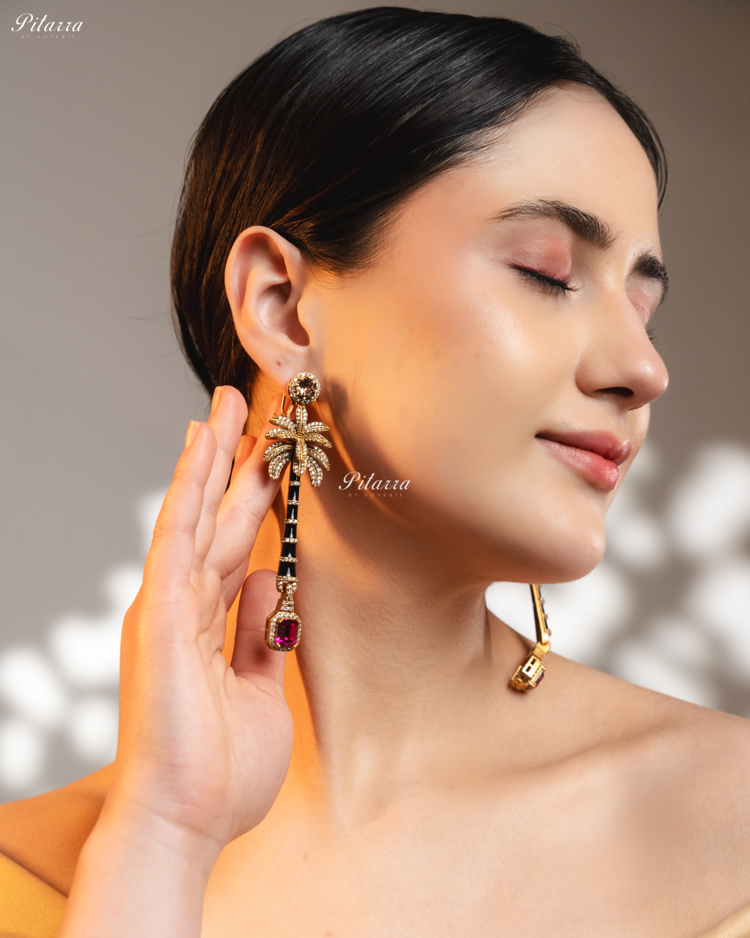 Golden and Pink Stone Palm Tree Crystal Earrings