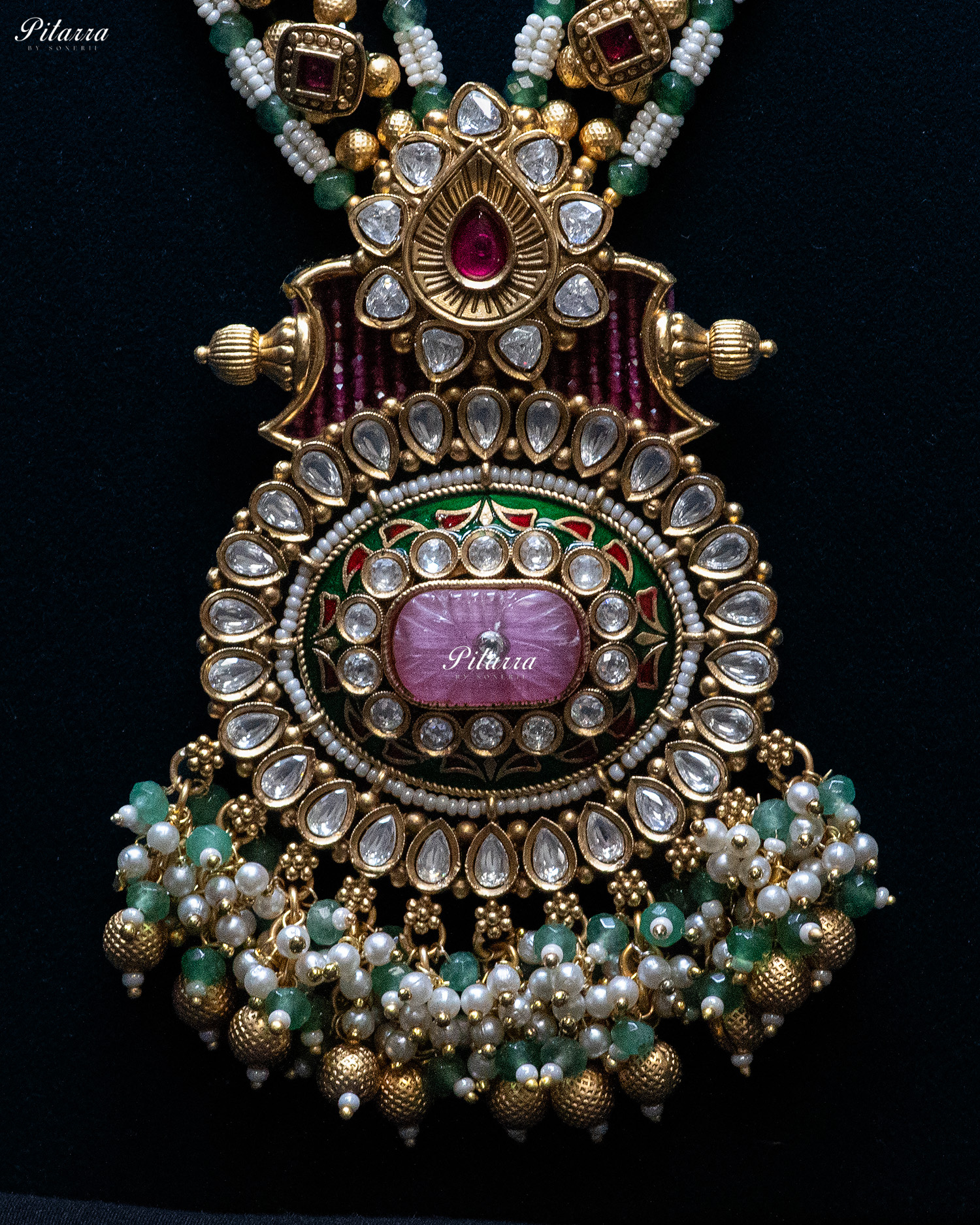 Pink Stone Multi Color Beads Long Kundan Necklace Set