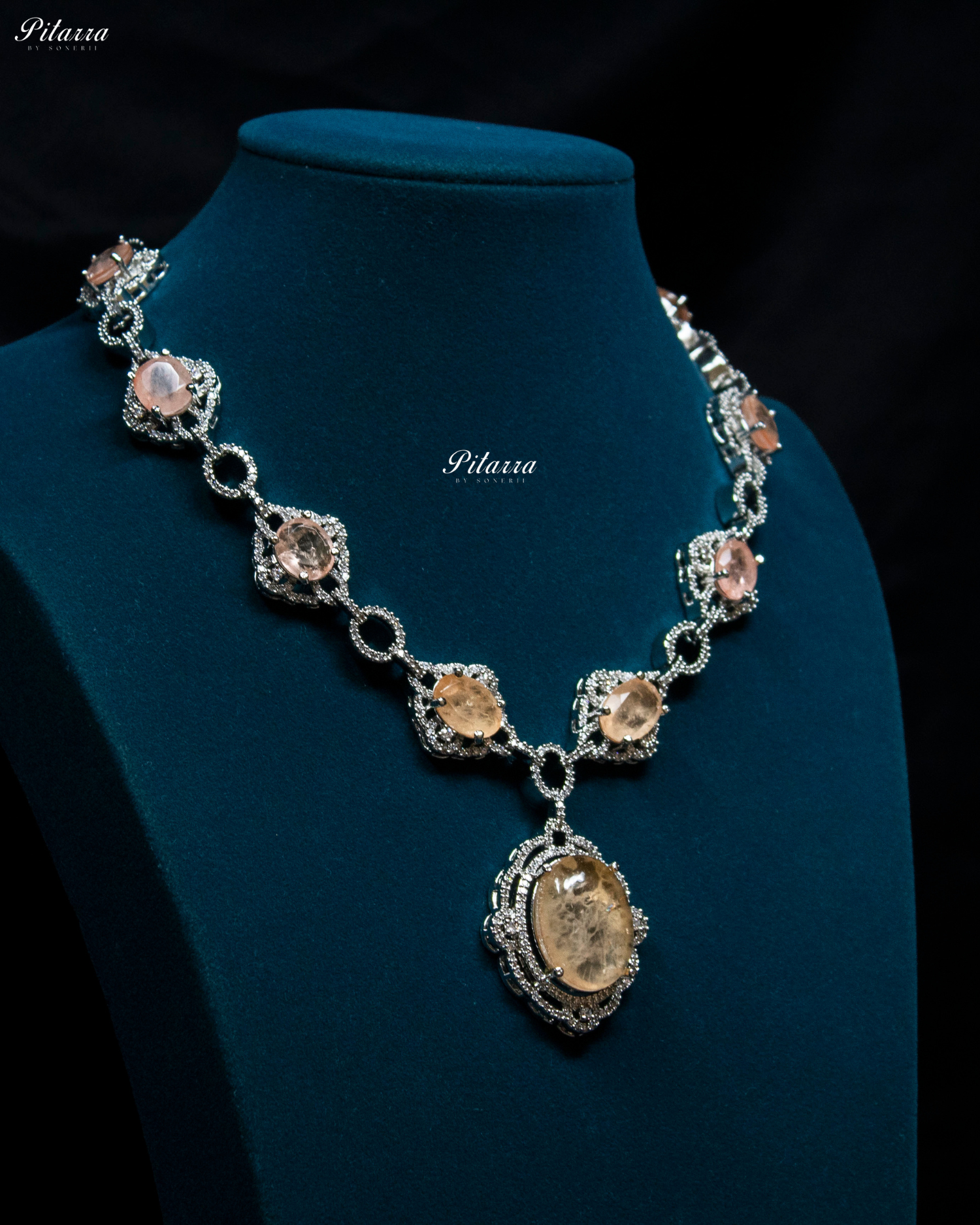 Peach Stone Silver Finish Tone Crystal Necklace Set