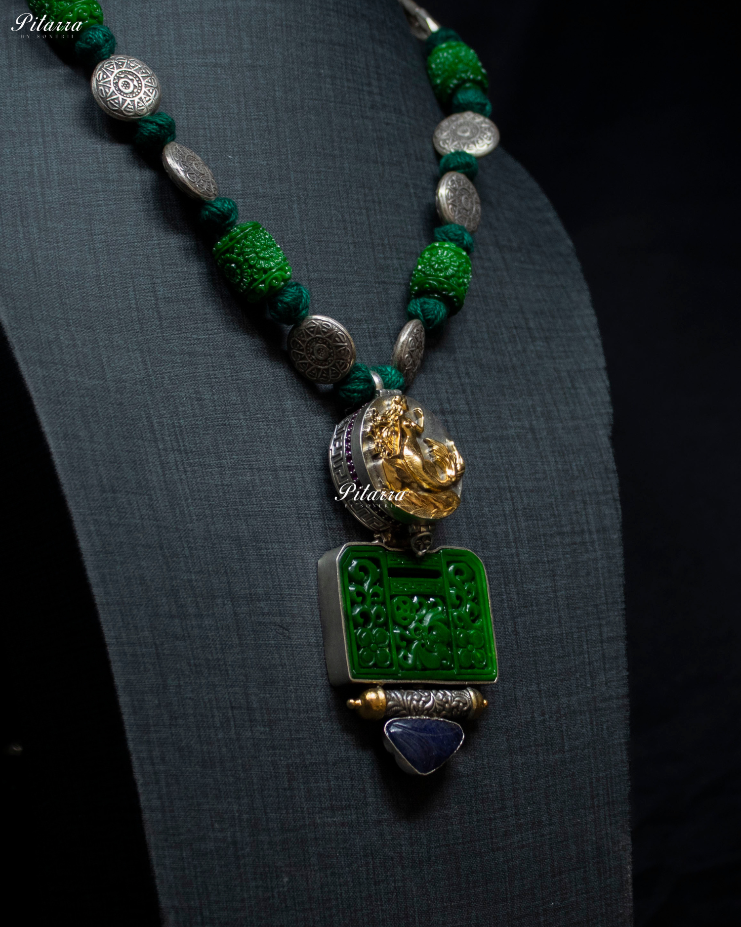 Gold Tone Figure Green Element 92.5 Silver Necklace