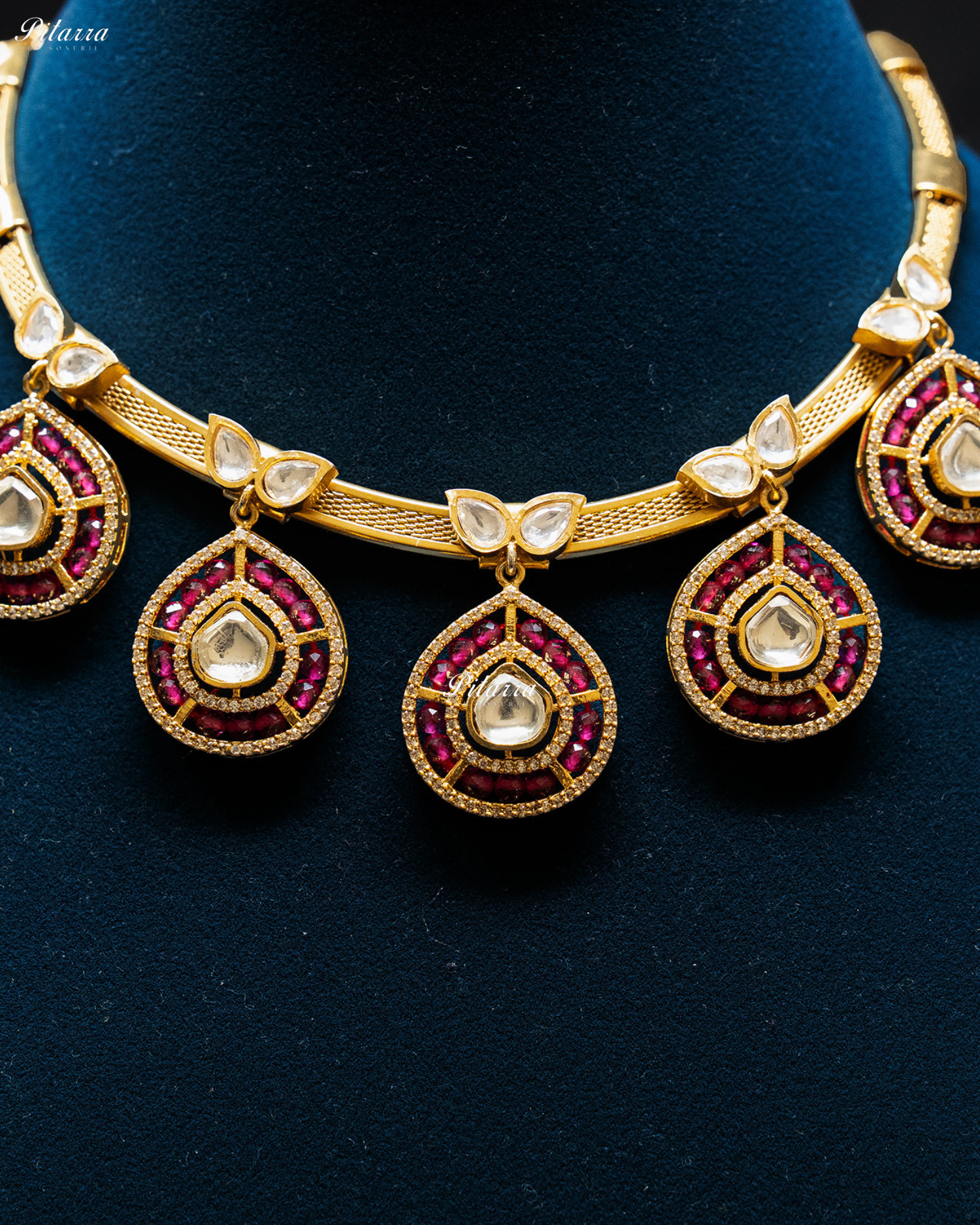 Pink Crystals Teardrop Gold Plated Kundan Necklace Set