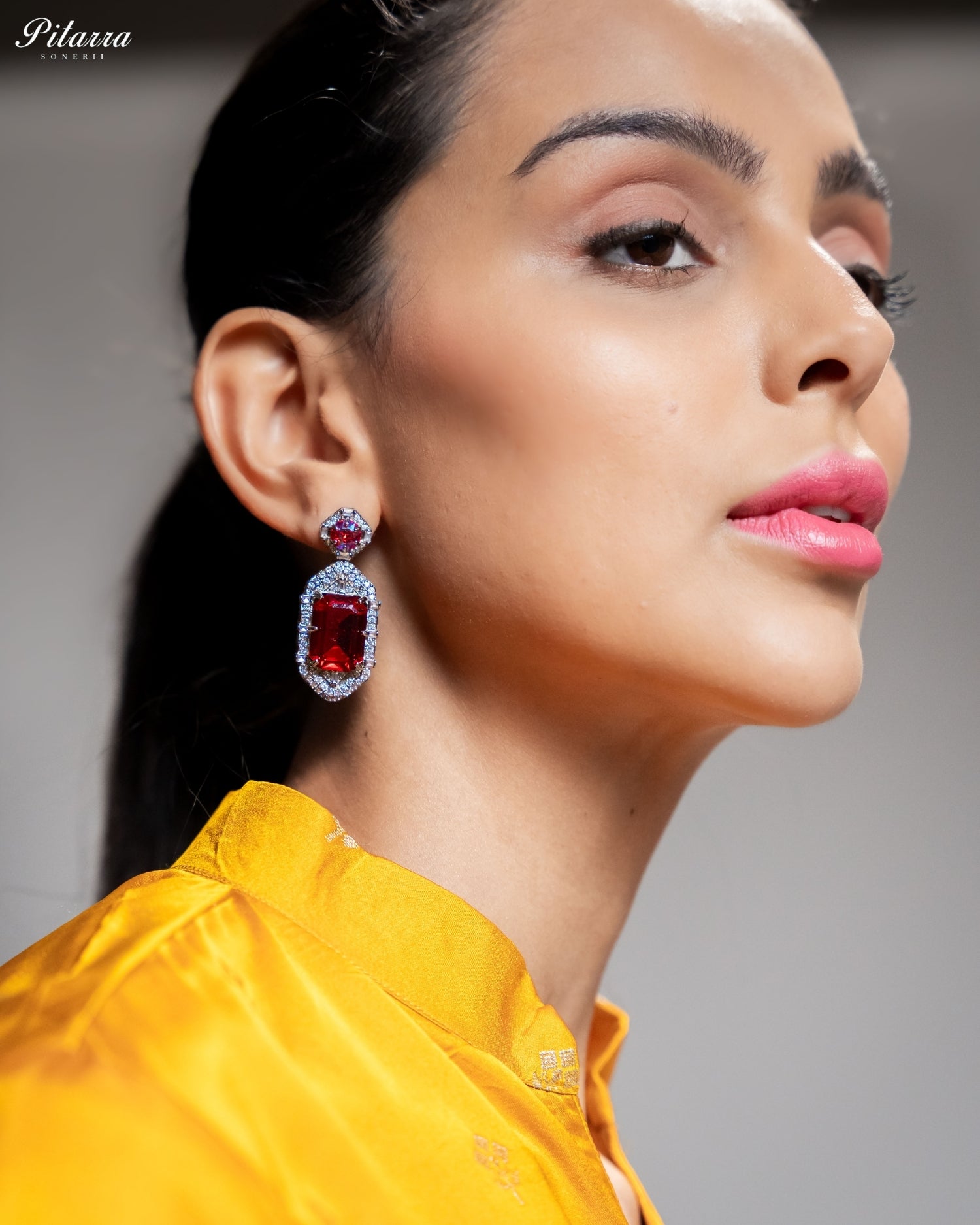 Red Emerald Cut Diamond Halo Statement Drop Earrings