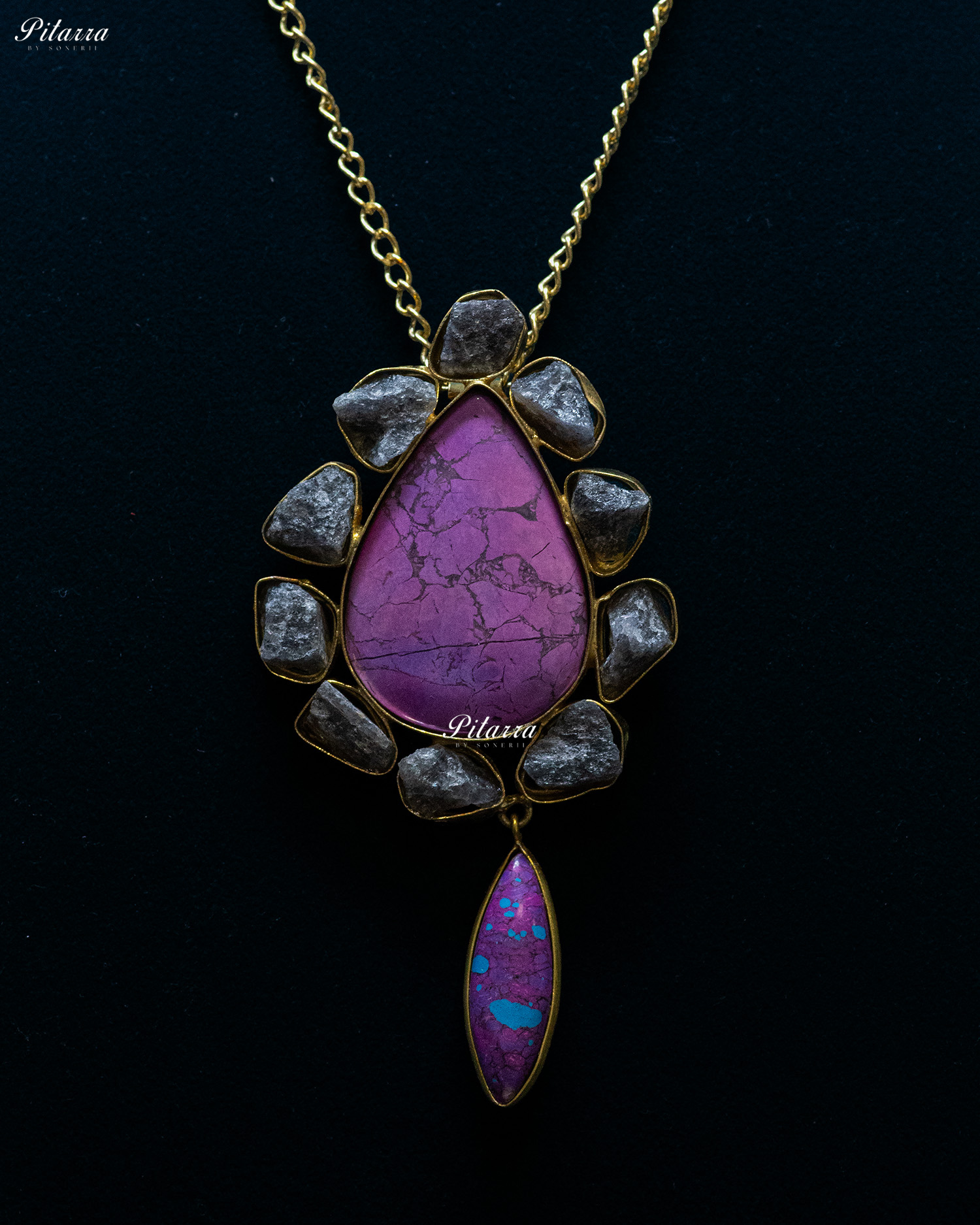 Gold Finish Pear Shaped Purple Raw Stone Pendant