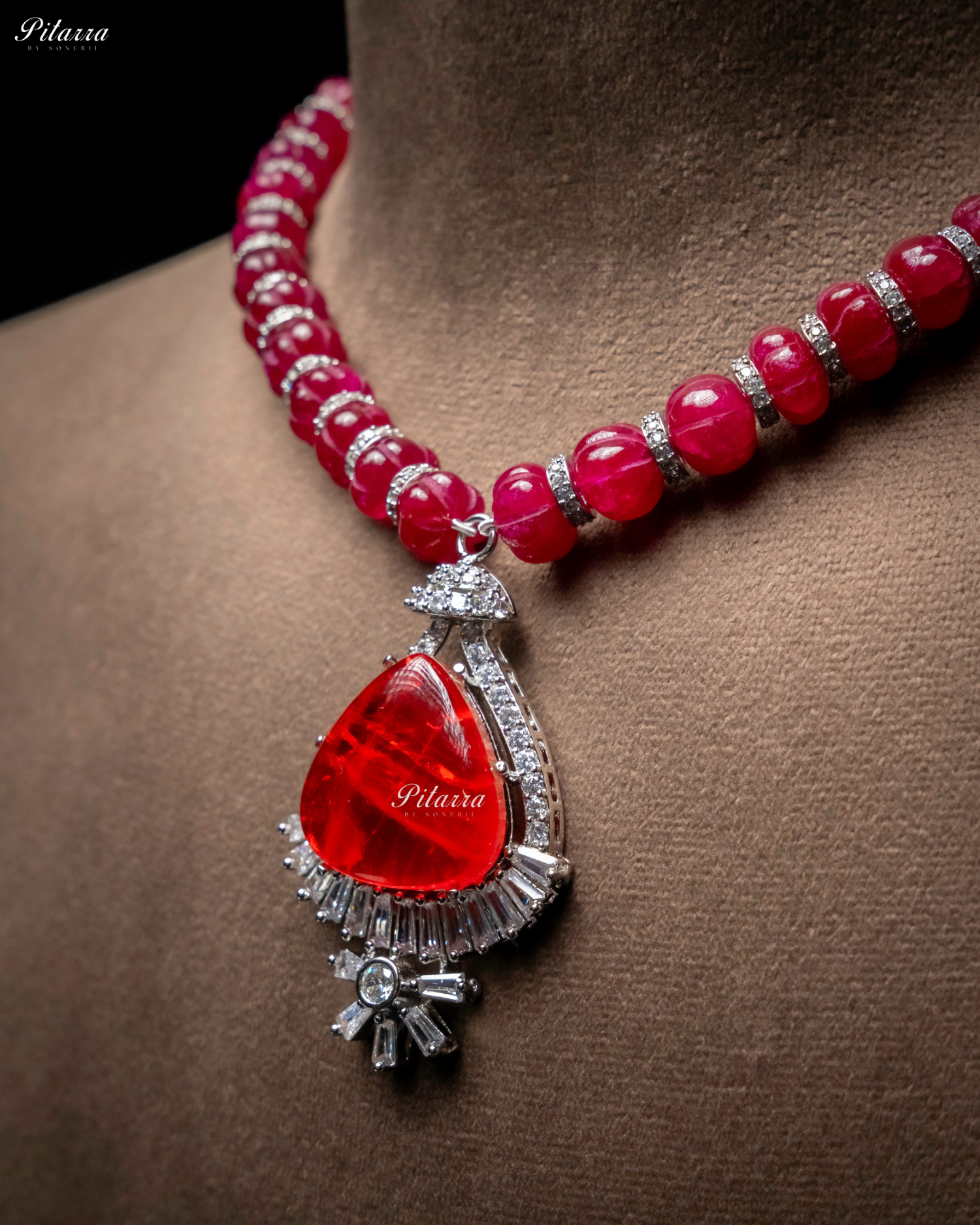 Red Stone Red Cultured Pearl Pendent Necklace Set
