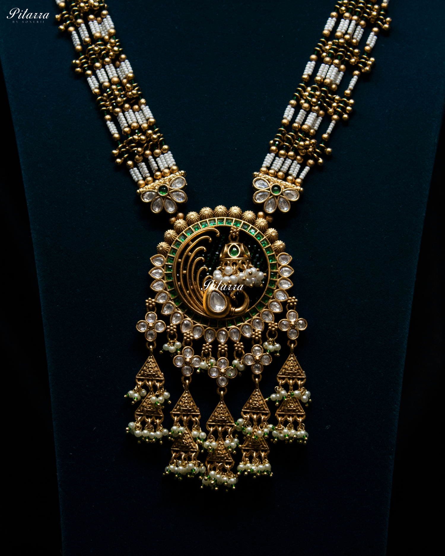 Emerald Tone Green Detailing Golden Peacock Kundan Necklace Set
