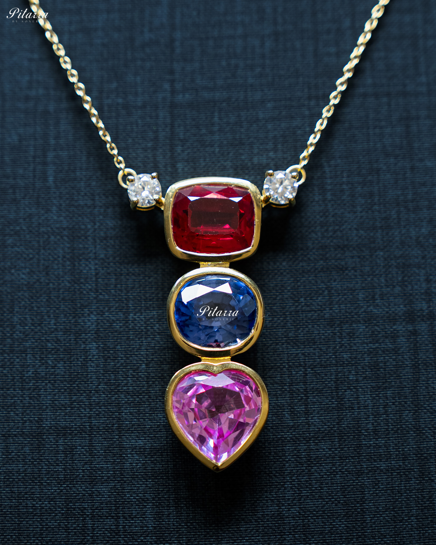 Gold Chain Red Square Top Stone Pink Drop Pendent Set
