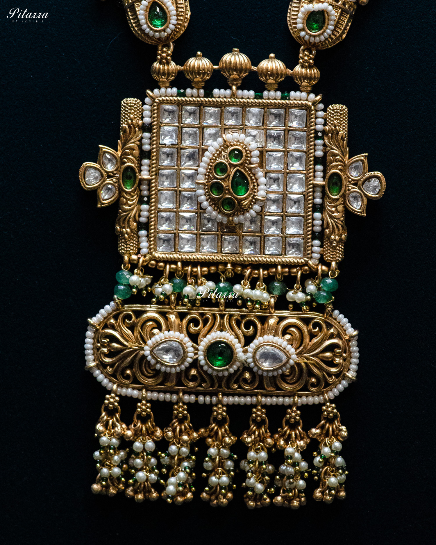 Golden Green Stone Multi Strand Long Kundan Necklace Set