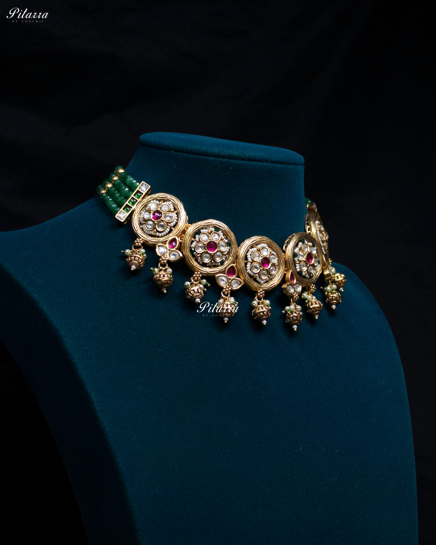 Floral Pink Stone Green Pearl Kundan Choker Set