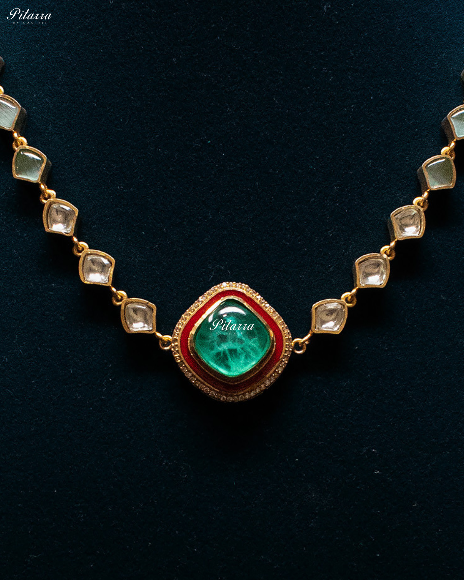 Gold Plated Green Stone Detailing Kundan Necklace Set