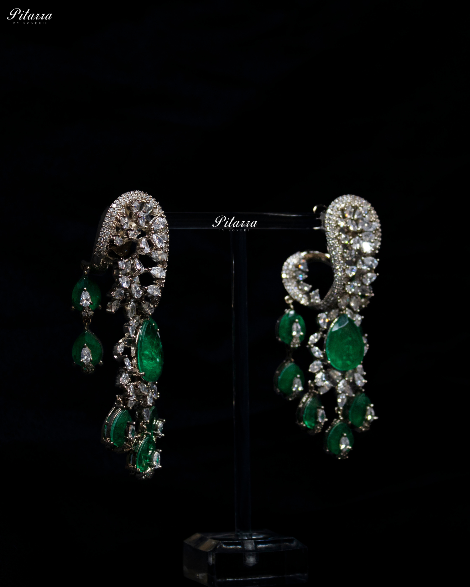 Emerald Silver Polish CZ Crystal Dangler Earrings