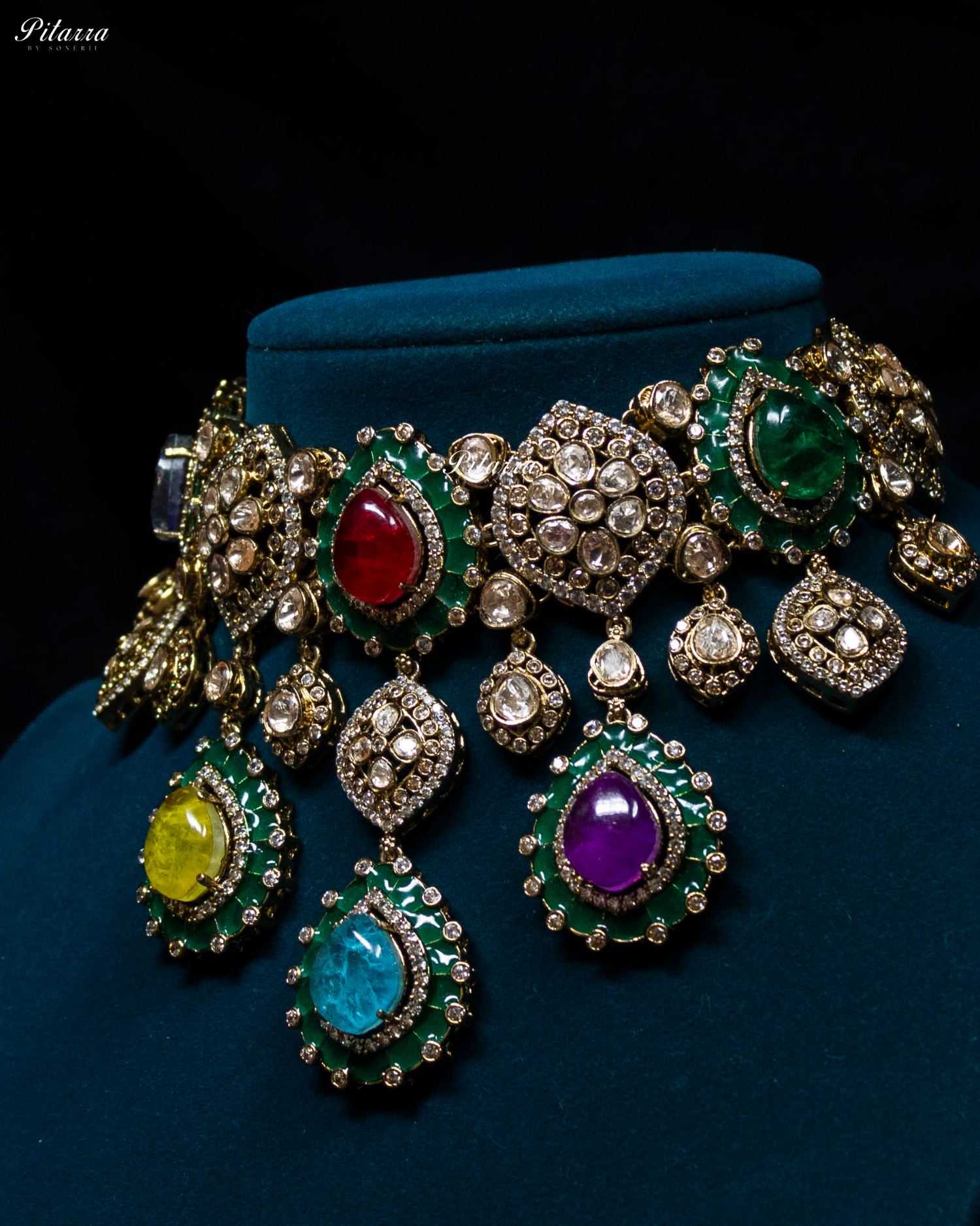Multi Stone Handcrafted Emerald Finish Kundan Choker Set