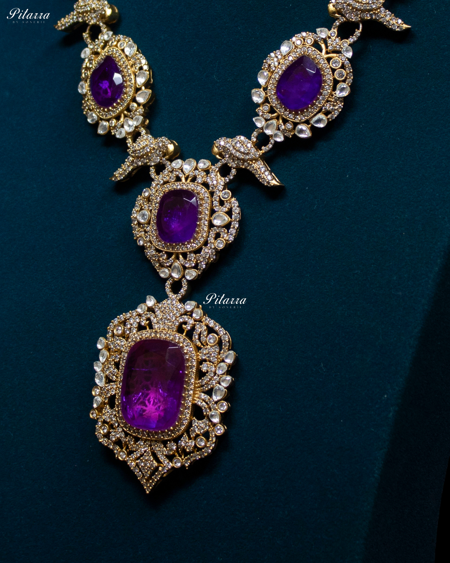 Purple Stone Bird Victorian Polki Necklace Set