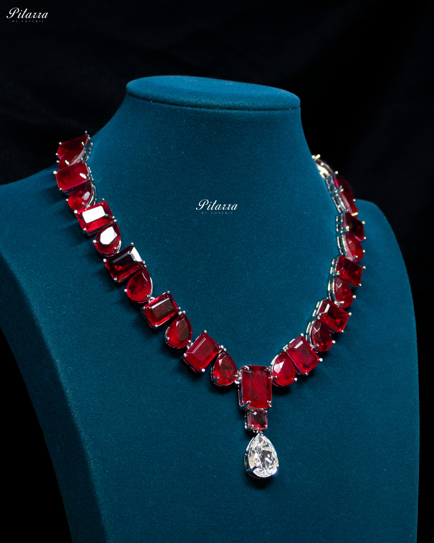 Red Square and Drop Crystal Necklace Set