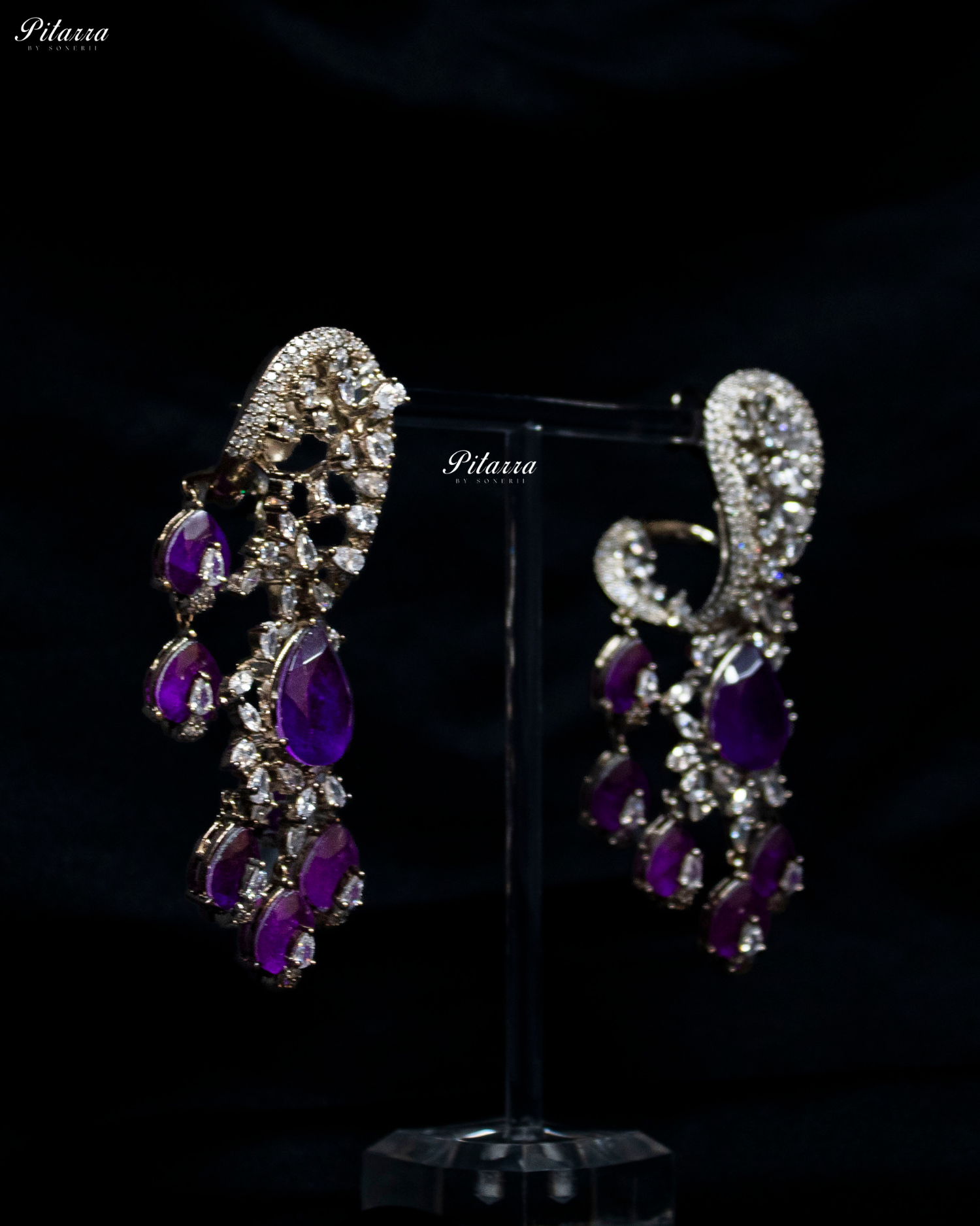 Purple Silver Polish CZ Crystal Dangler Earrings