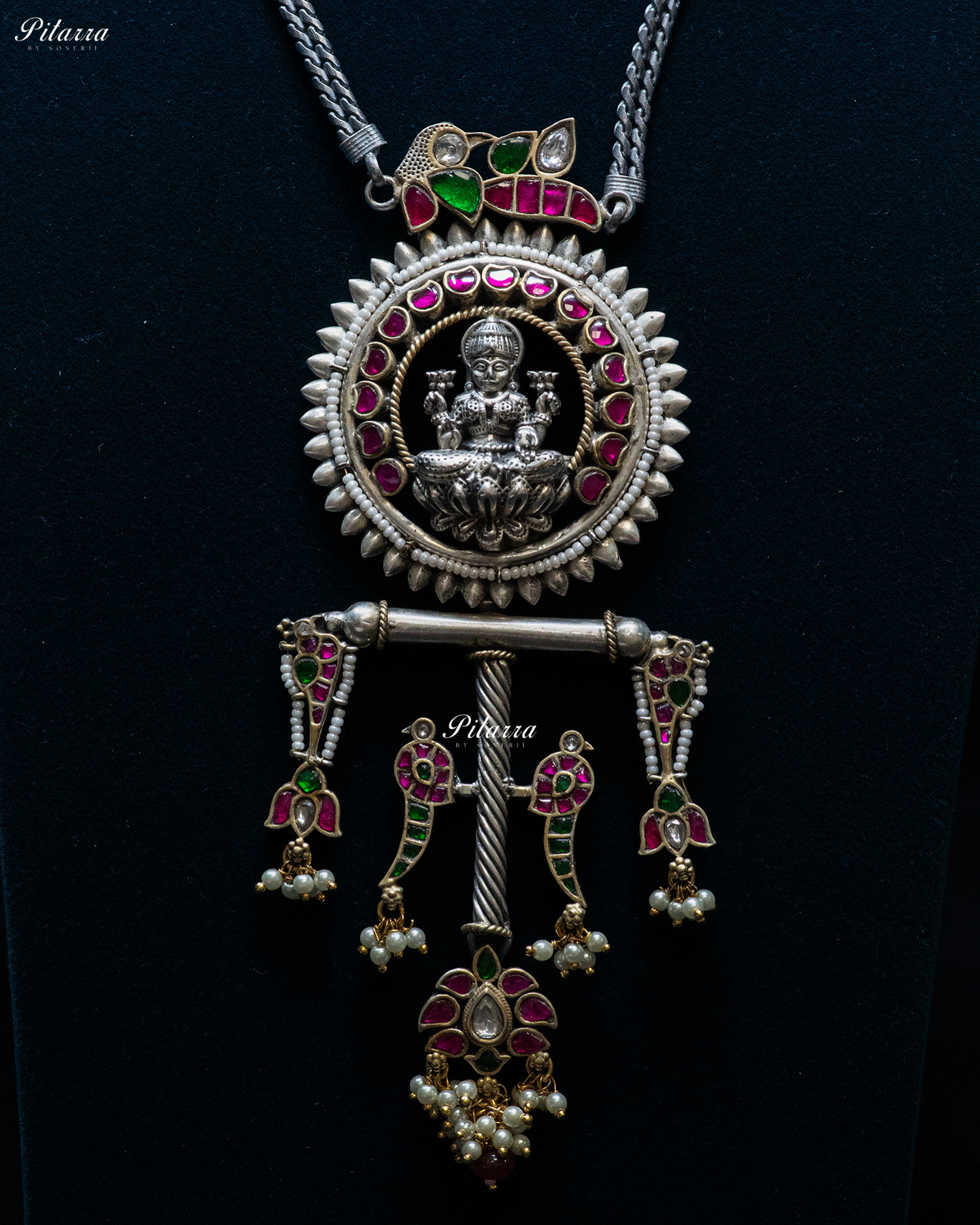 Layer Chain White Stone Laxmi Silver Look Alike Pendant Set