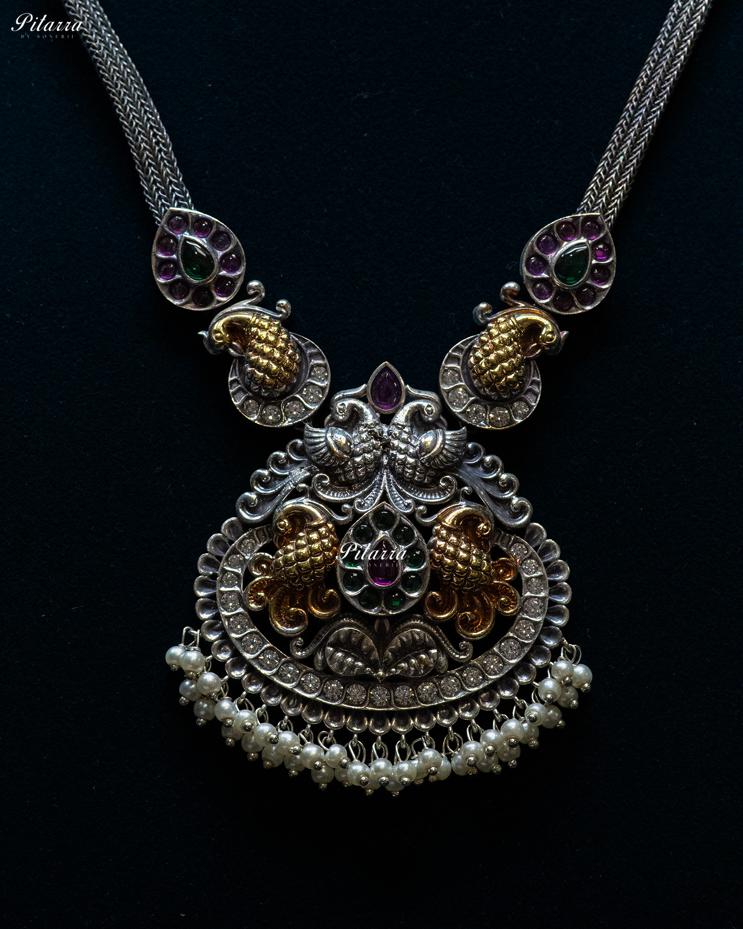 Peacock Carved Pink Stone White Layer Stone Silver Look Alike Pendant Set