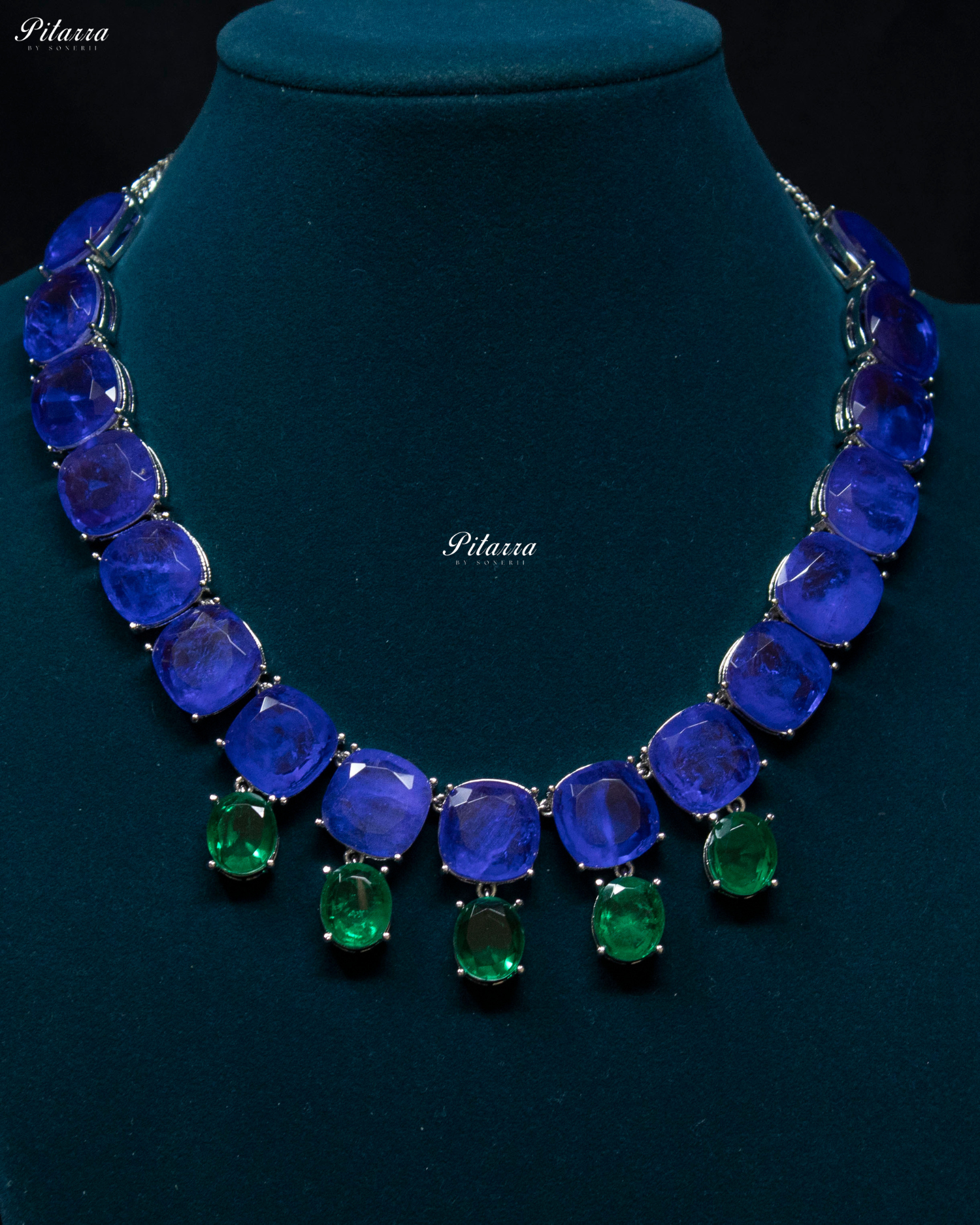 Blue Square Stone Premium Crystal Necklace Set