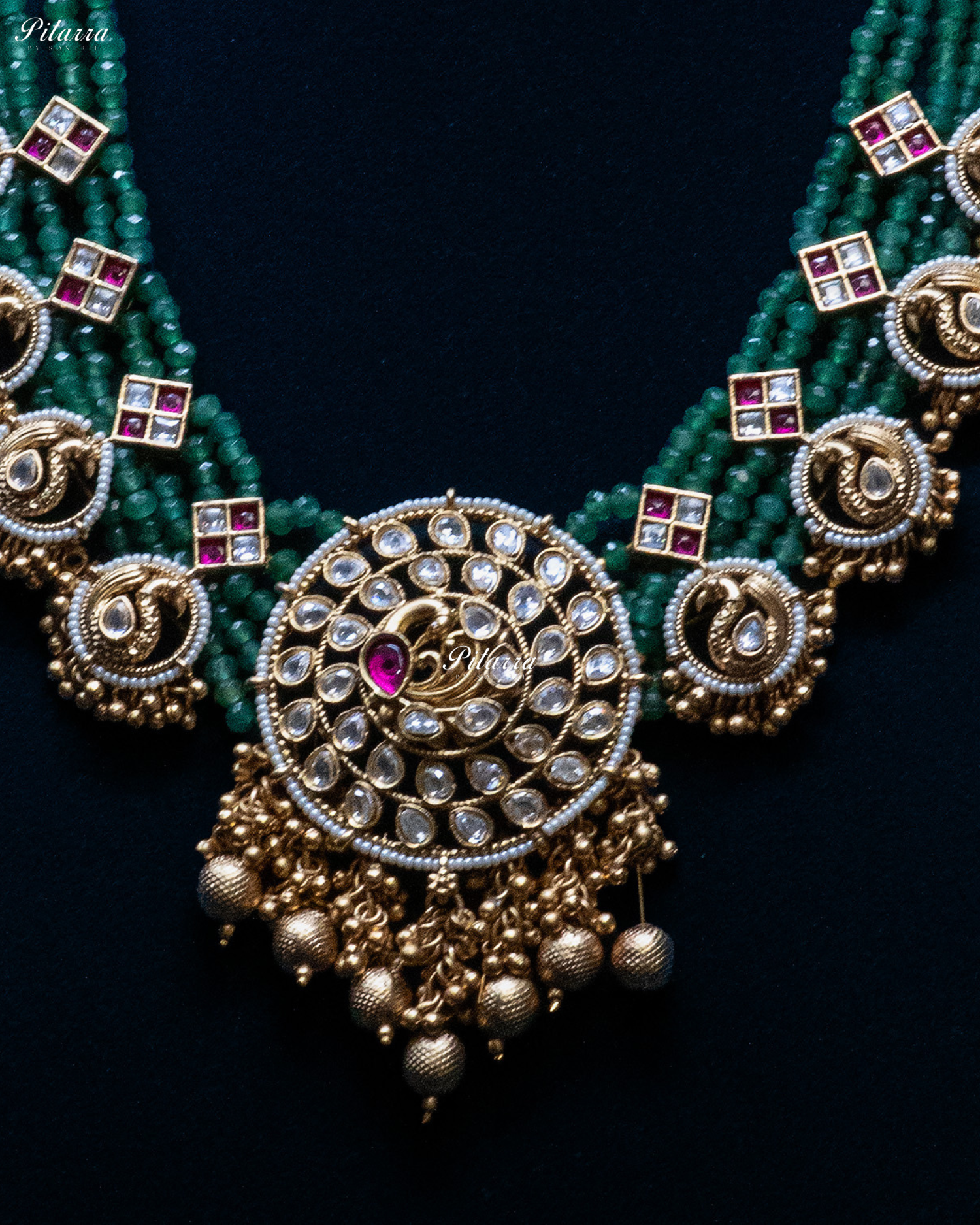 Bird Motif Pendant Green Beads Kundan Necklace Set