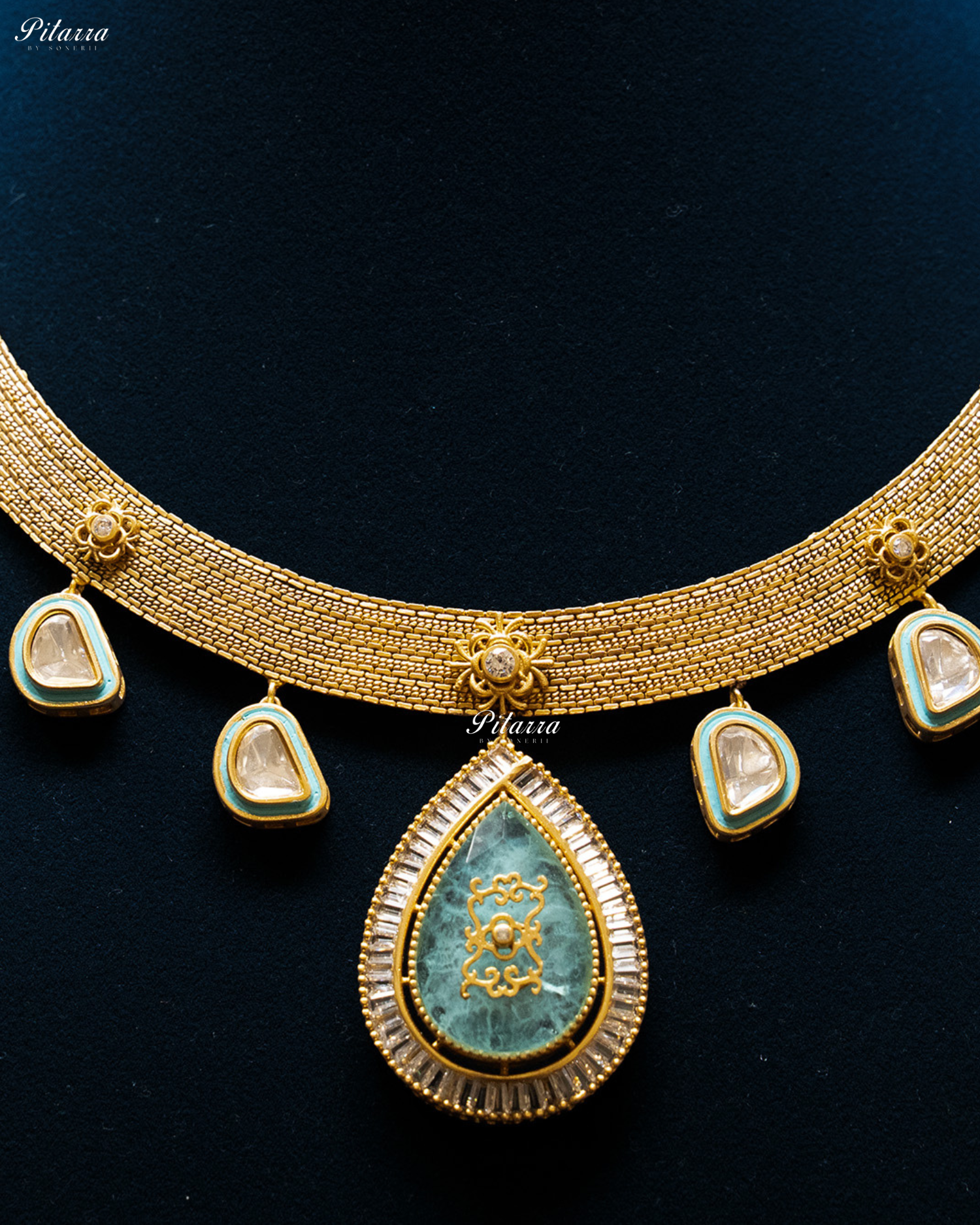 Big Sky Blue Teardrop Gold Plated Kundan Necklace Set