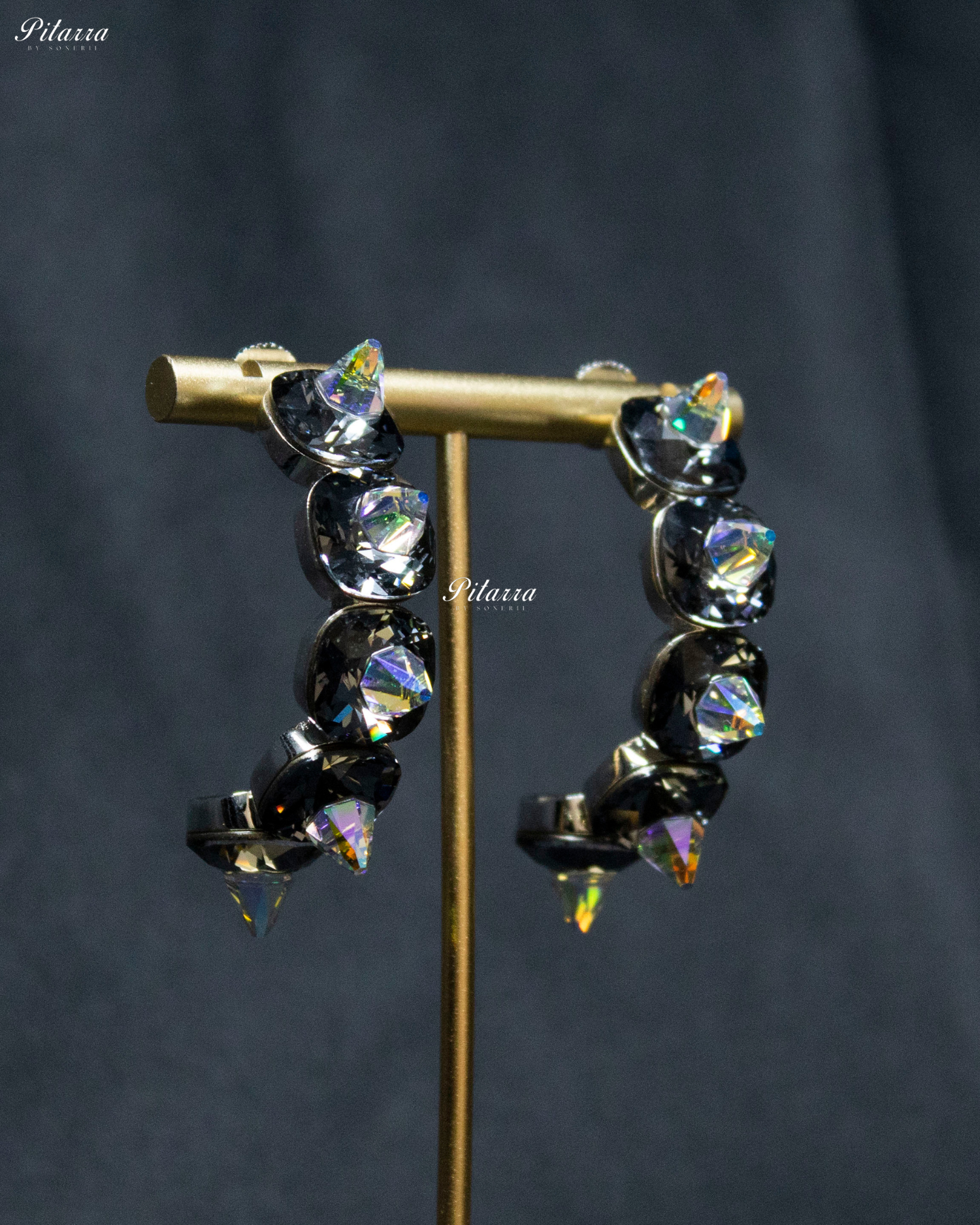 Black Stone Pyramid Cut Crystal Hoop Earrings