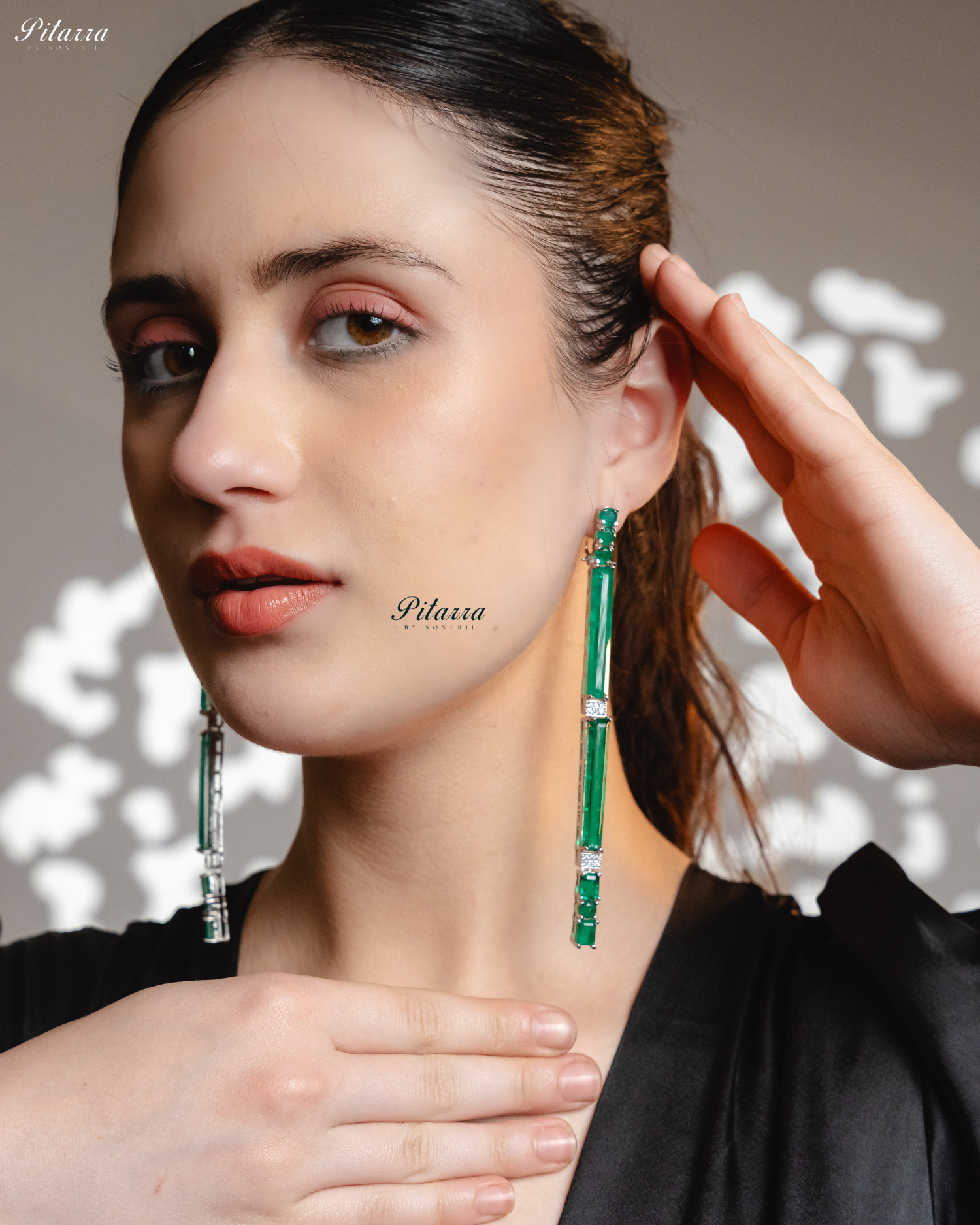 Emerald Stone Linear Long Doublet Drop Earrings