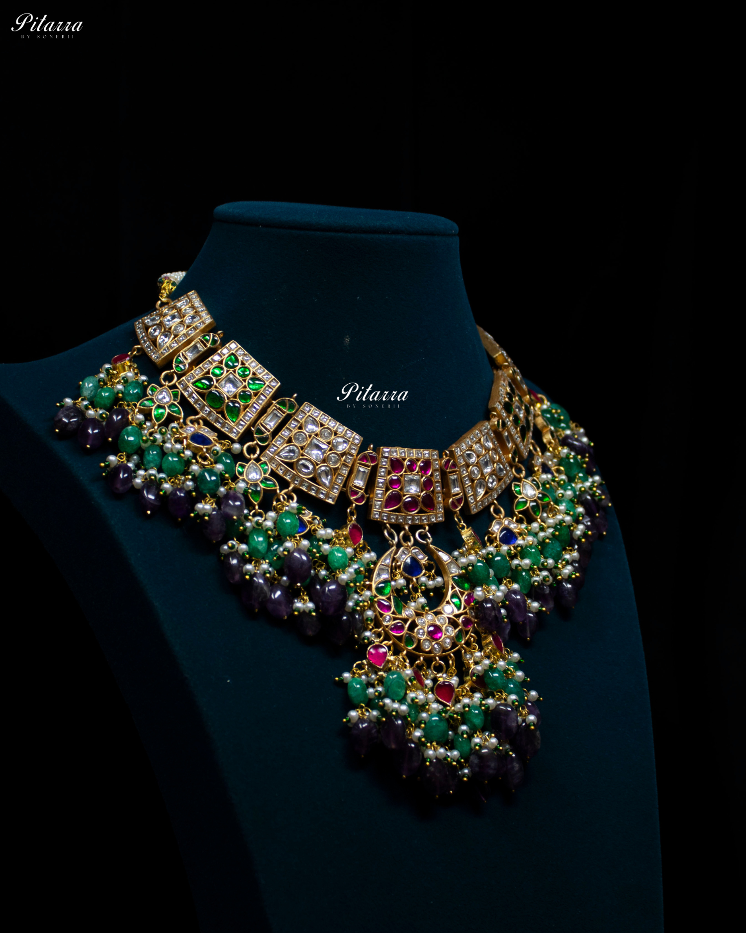 Multi Coloured Green Beads Exclusive Kundan Necklace Set