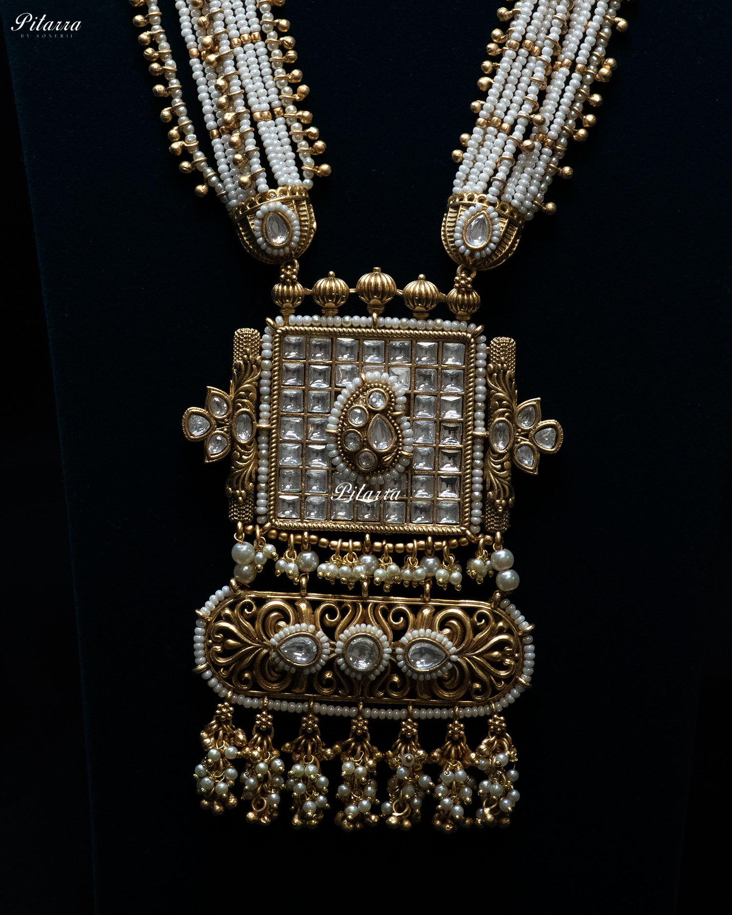 Golden White Stone Multi Strand Long Kundan Necklace Set