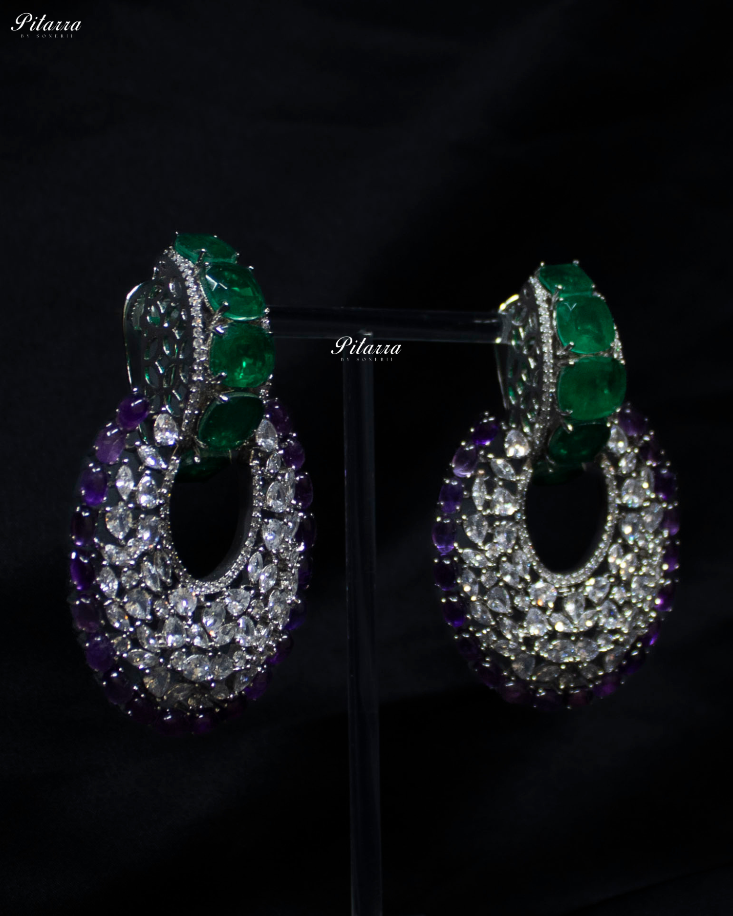 Emerald Stone Purple Layer Cubic Zirconia Dangler Earrings