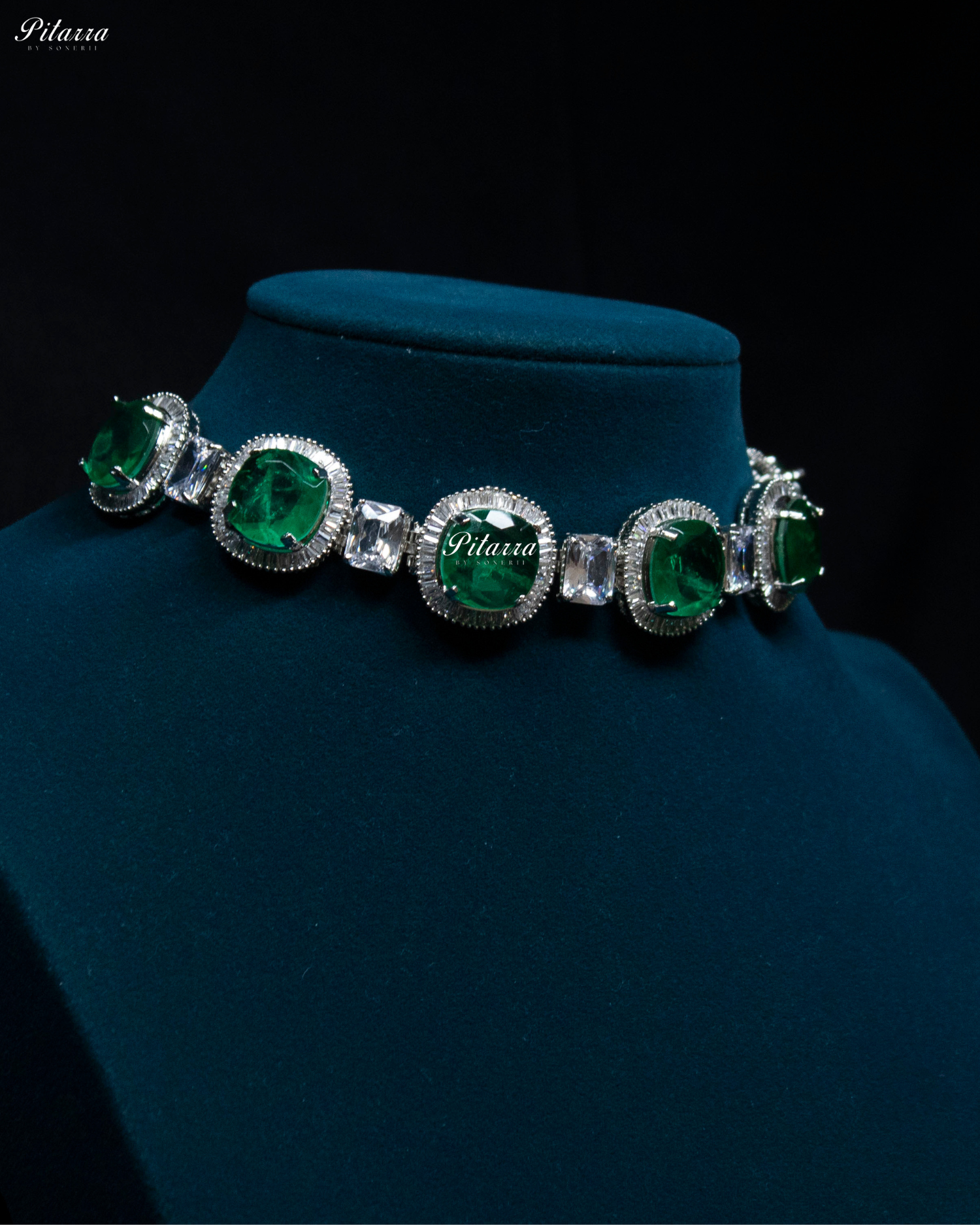 Emerald Stone Silver CZ Choker Necklace Set