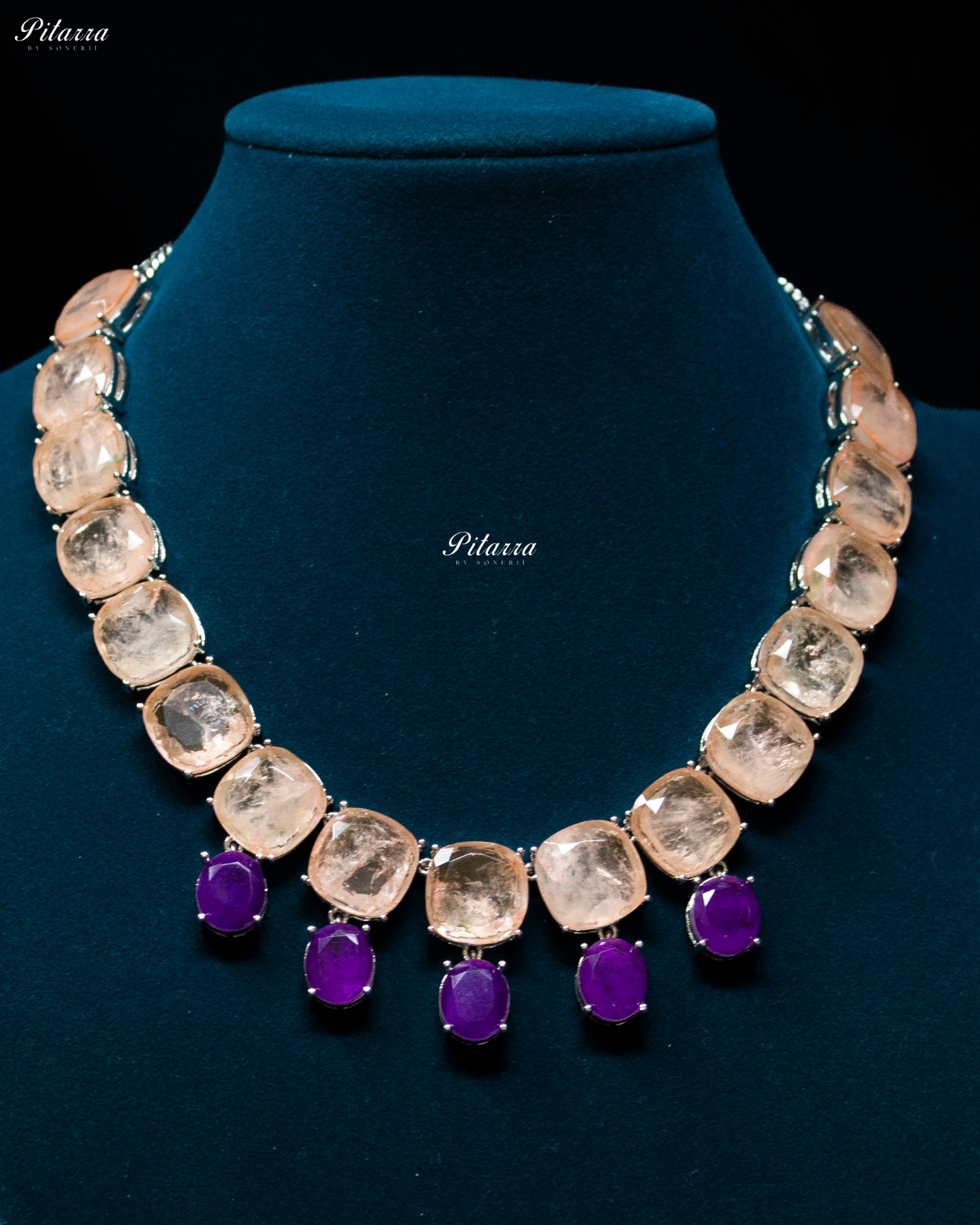 Peach Square Stone Premium Crystal Necklace Set