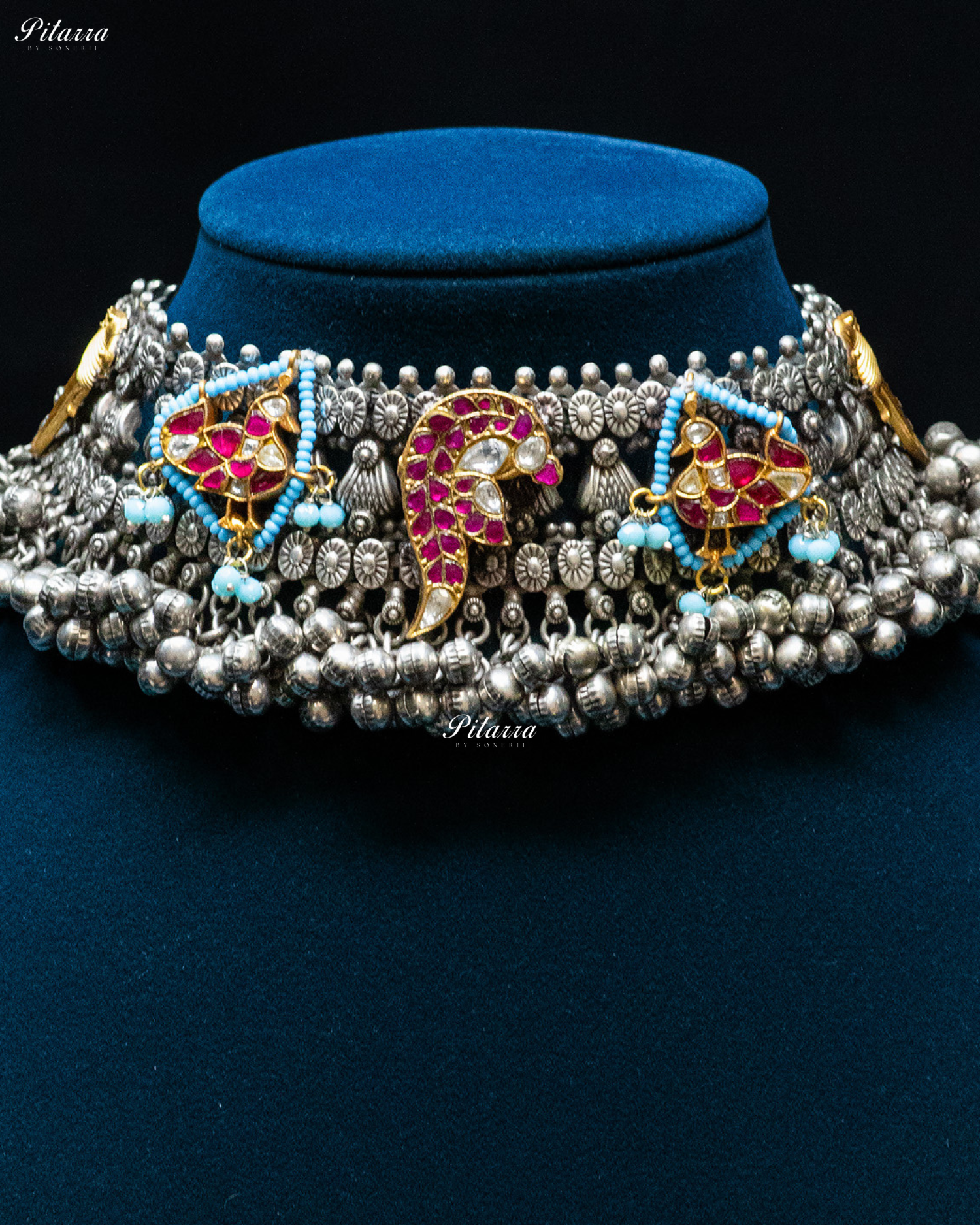 Pink Peacock Pink Bird Ghunghroo Silver Look Alike Choker Set