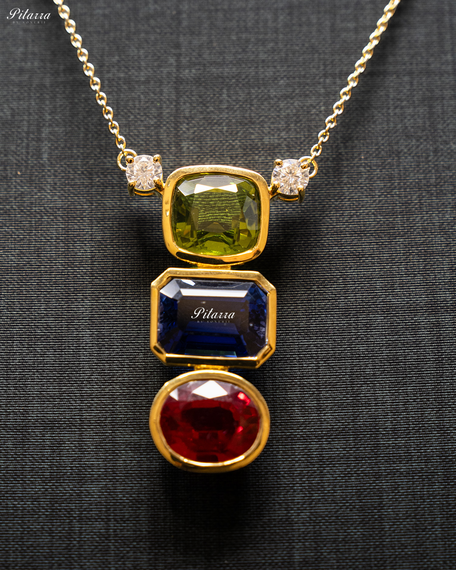 Gold Chain Square Green Top Stone Round Red Pendent Set