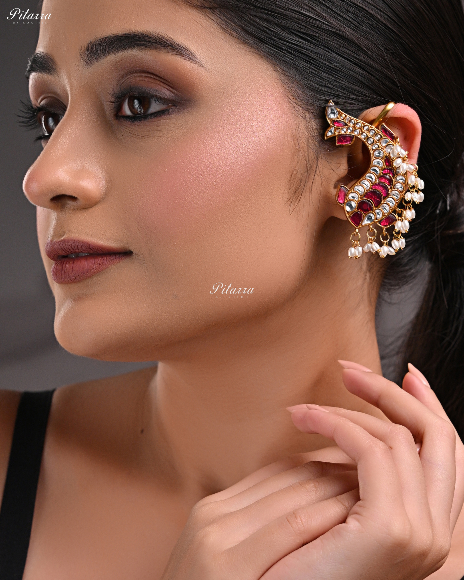 Gold Antique Ruby Kundan Stud Earrings