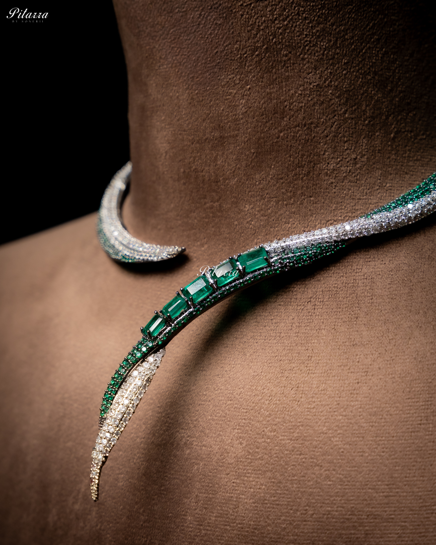 Emerald Stone Sleek CZ Choker Statement Necklace Set