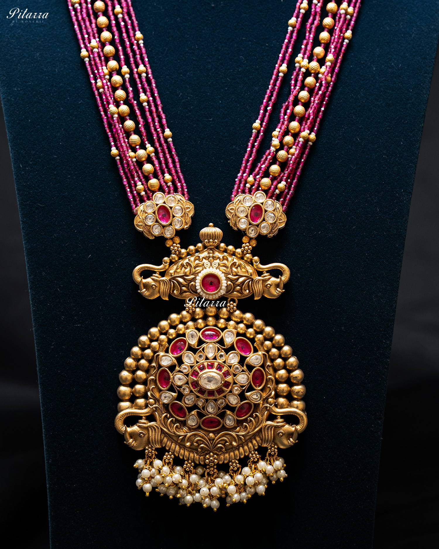 Pink Stone Pink Beads Rajwadi Kundan Necklace Set
