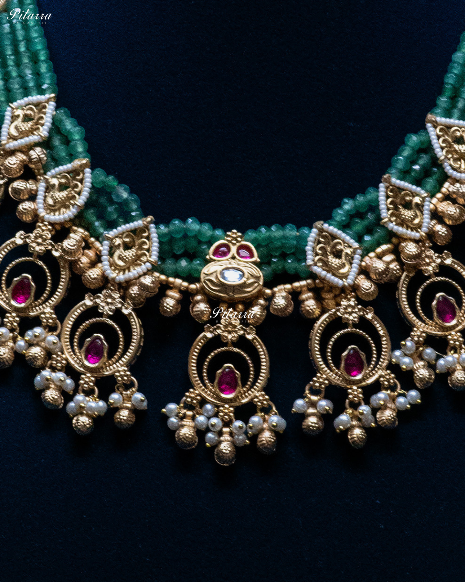 Multi Bird Motif Dark Green Beads Kundan Necklace Set