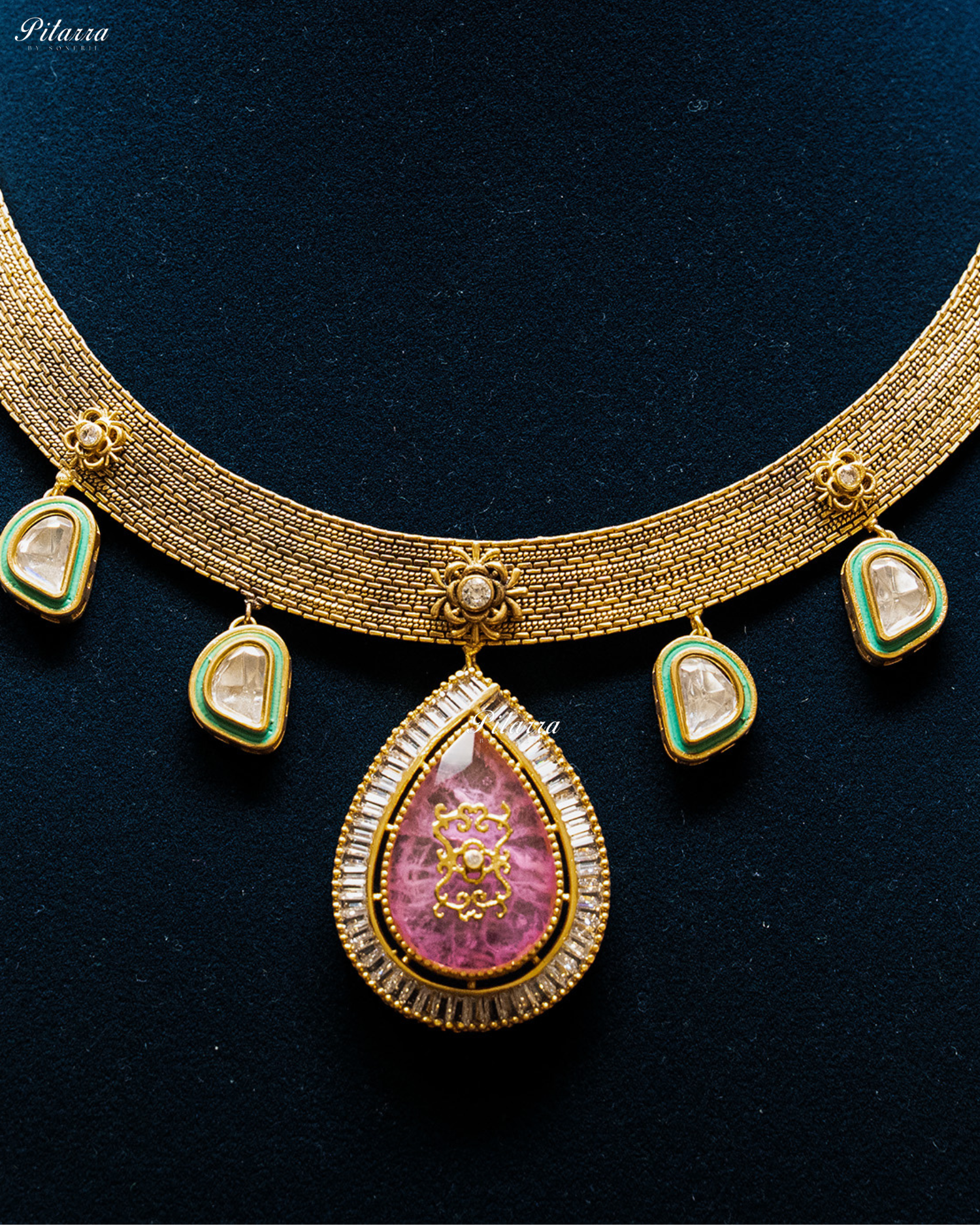 Big Pink Teardrop Gold Plated Kundan Necklace Set