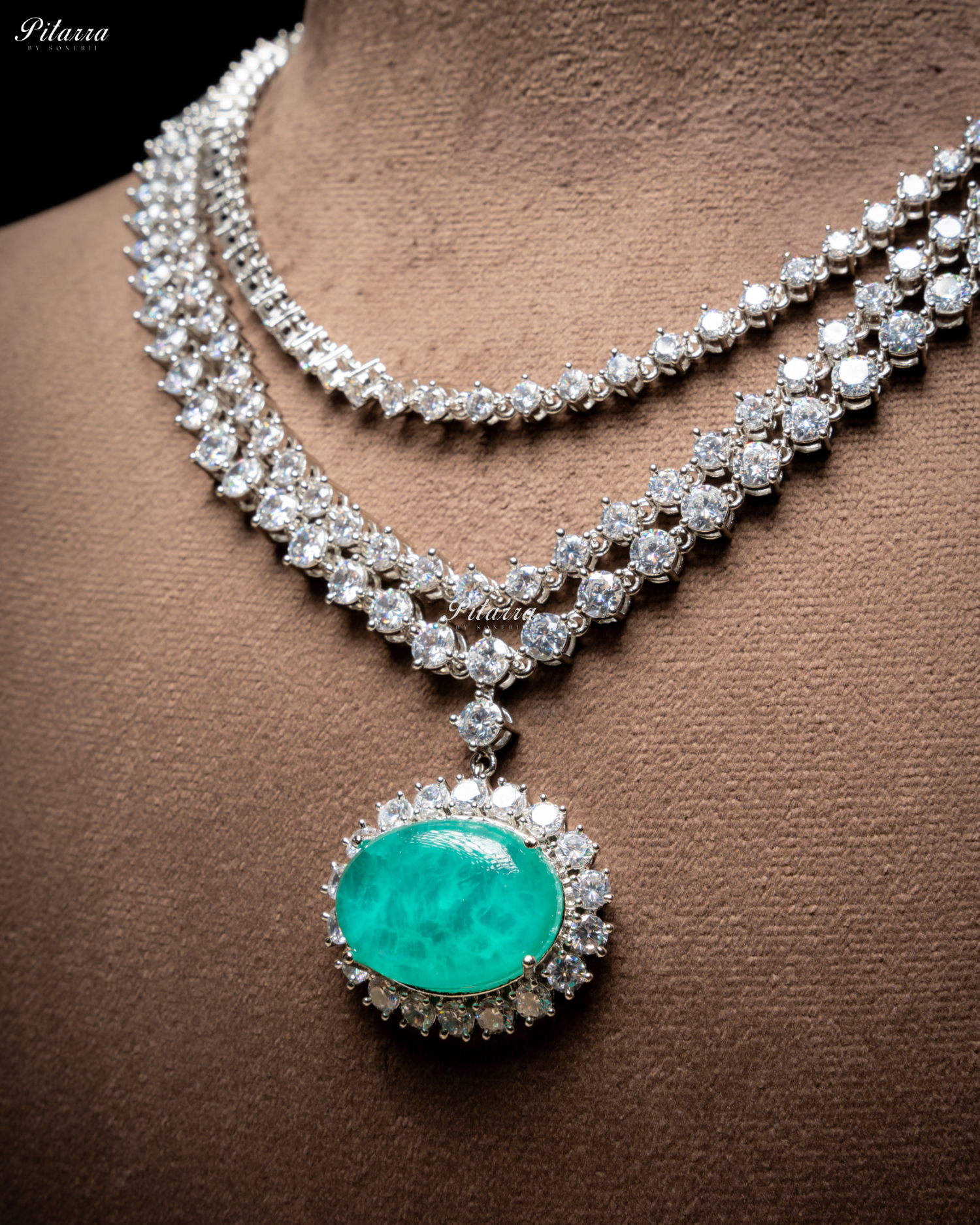 Mint Green Stone Cubic Zirconia Silver Necklace Set