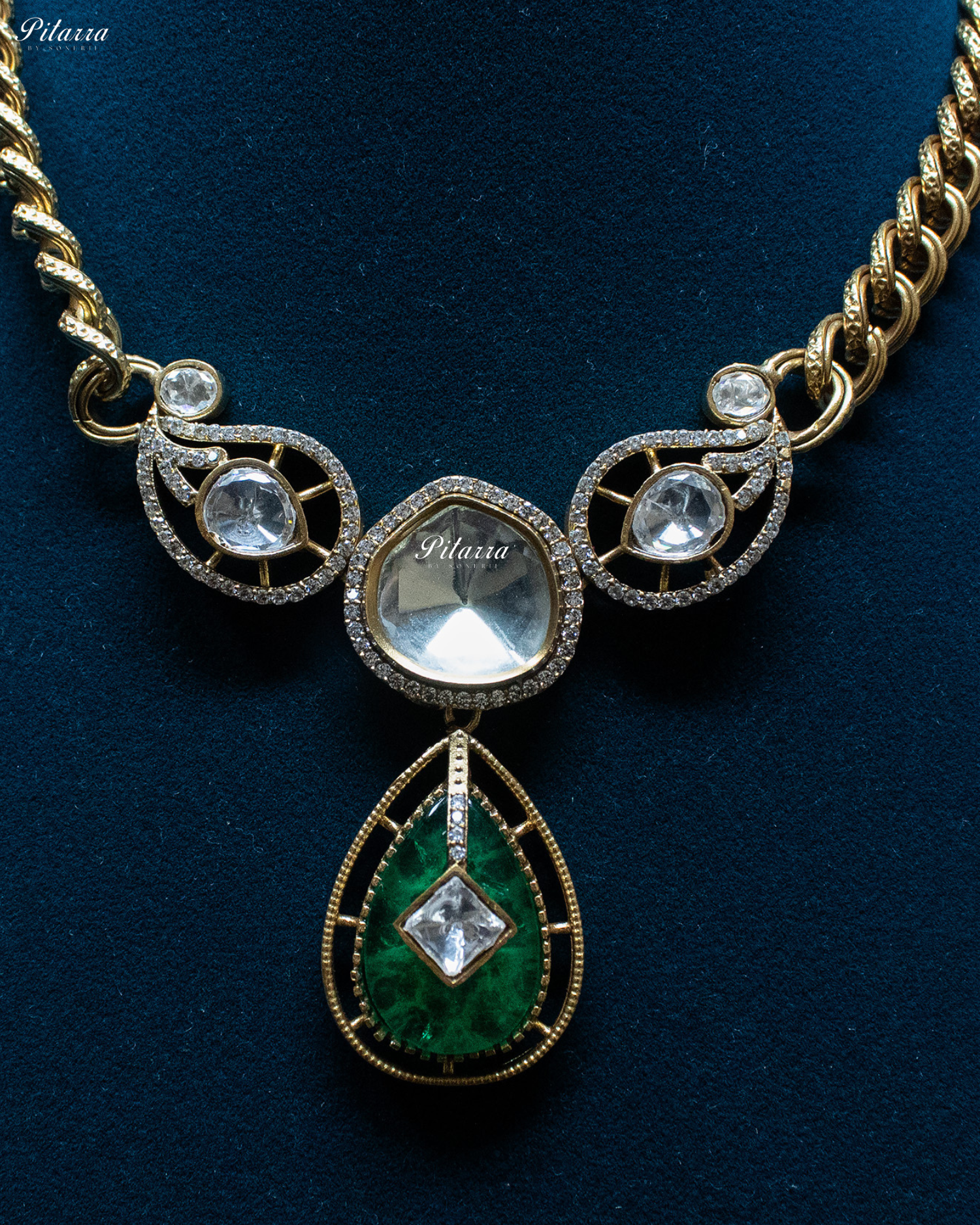 Emerald Drop Kundan Necklace Set with Matching Earrings