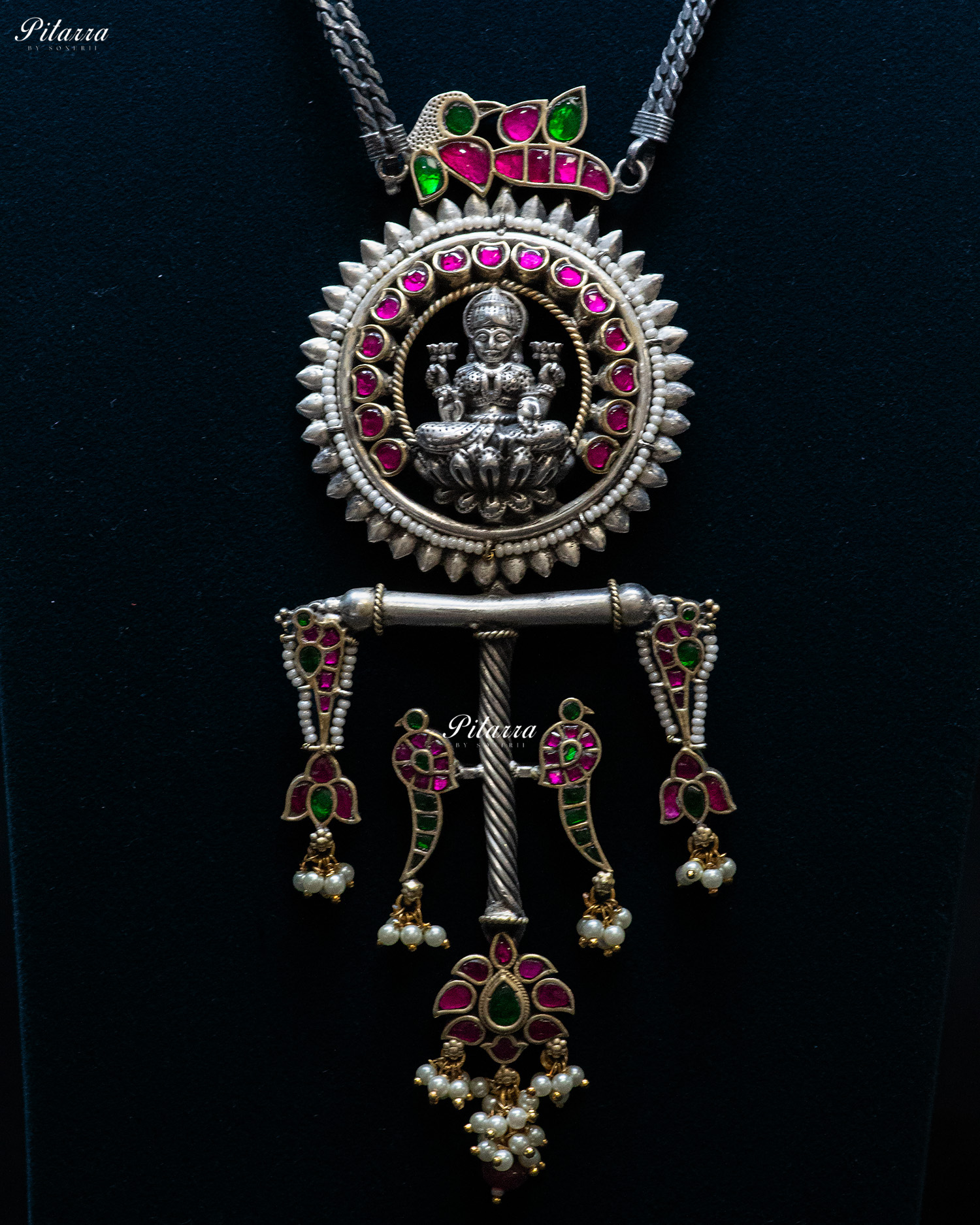 Layer Chain Green Stone Laxmi Silver Look Alike Pendant Set