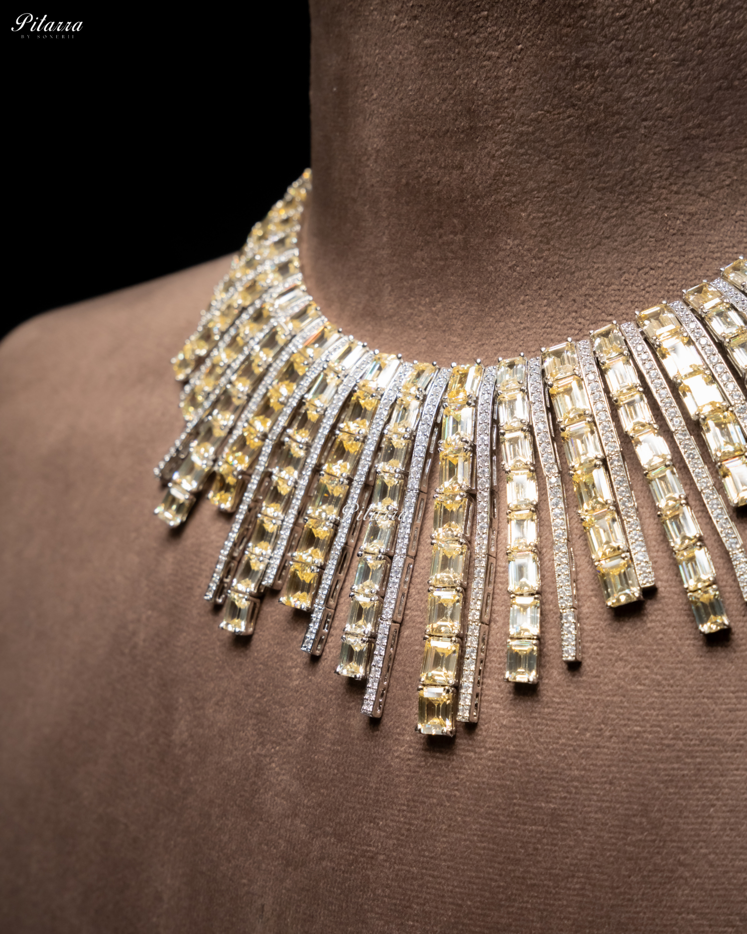 Silver Yellow Line Design Victorian Necklace Set