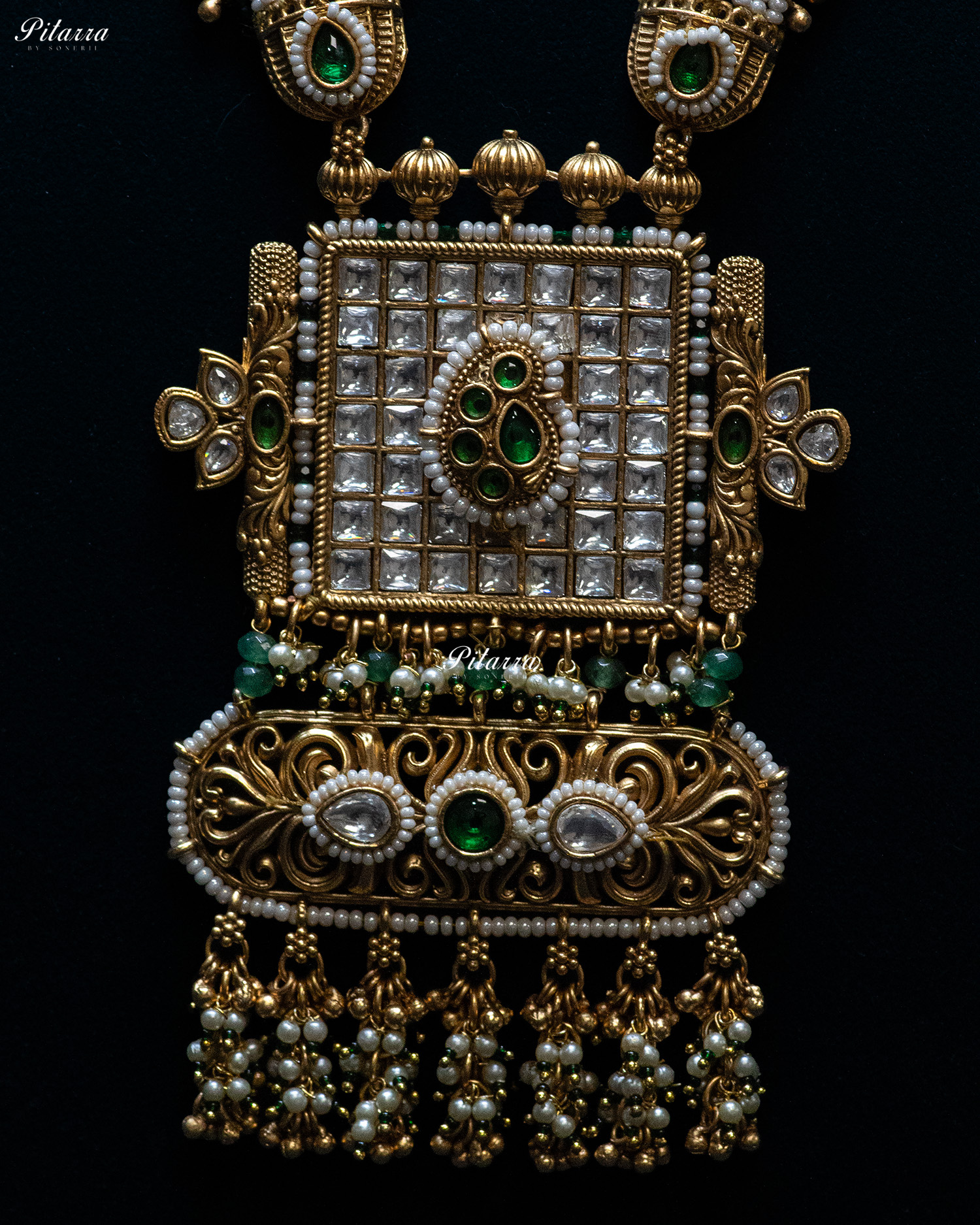 Golden Green Stone Multi Strand Long Kundan Necklace Set