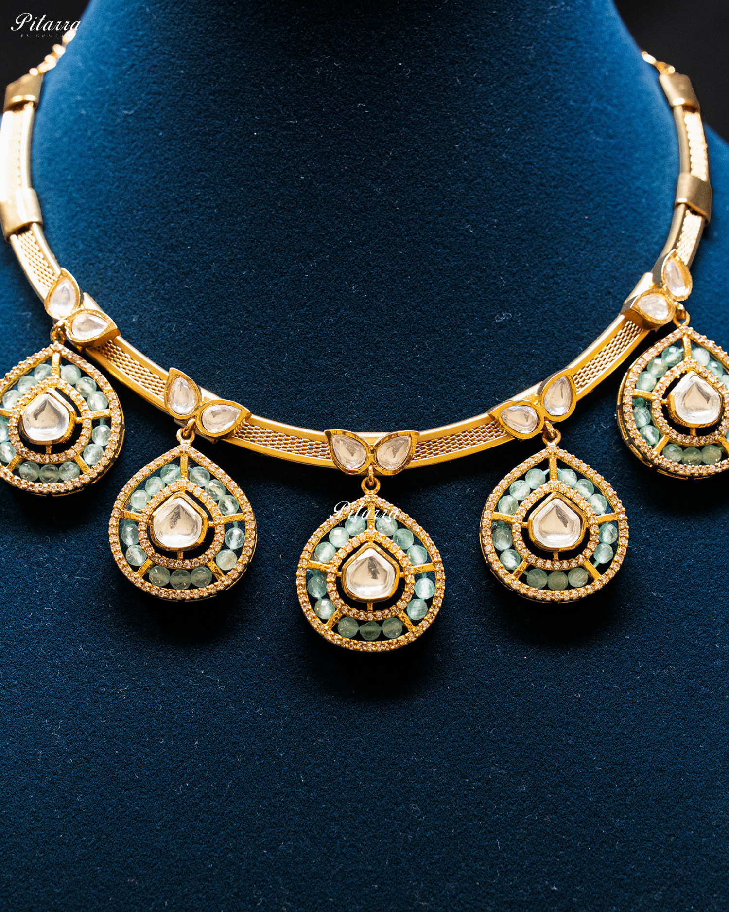 Sky Blue Crystals Teardrop Gold Plated Kundan Necklace Set