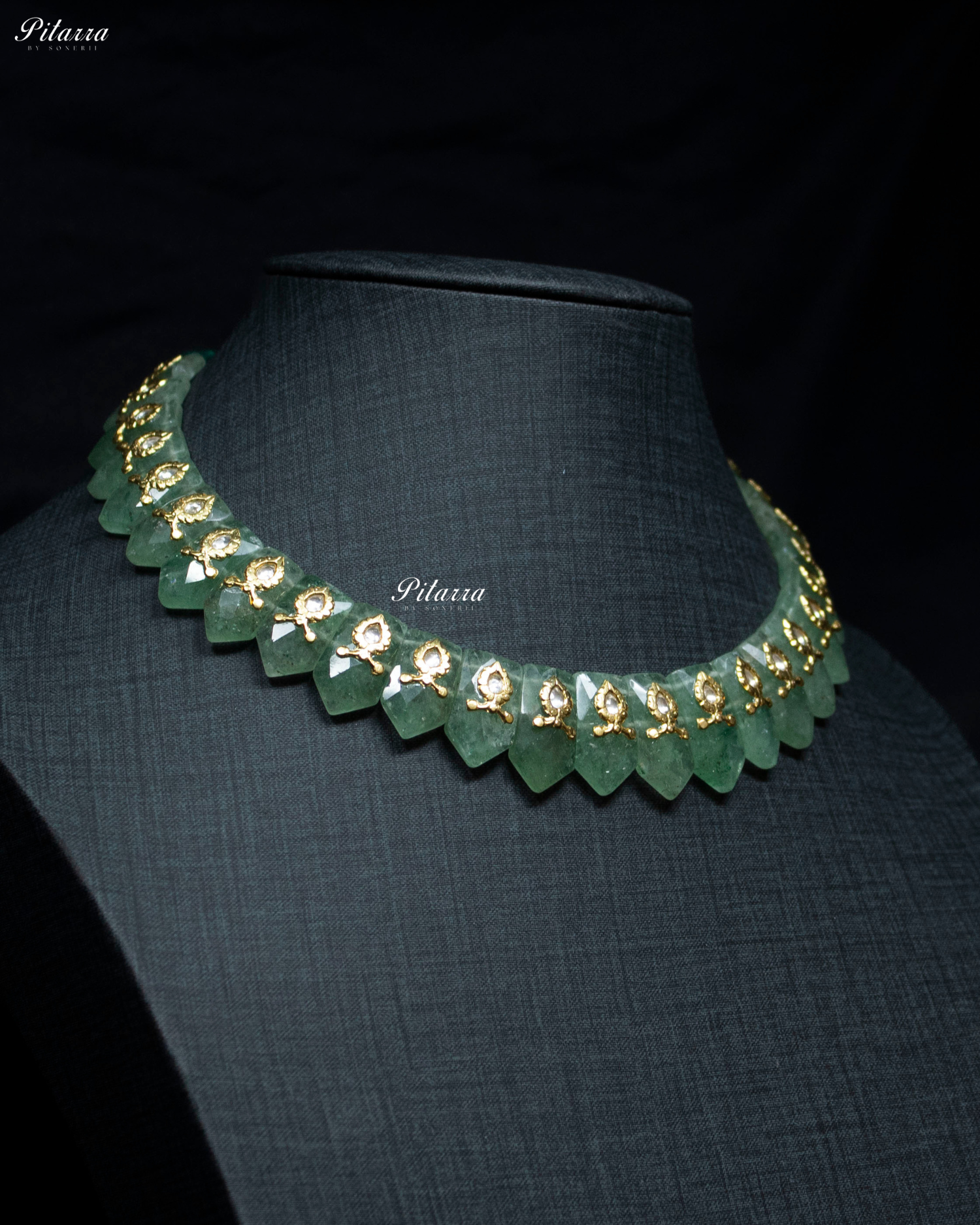 Green Stone Golden Work 92.5 Silver Necklace
