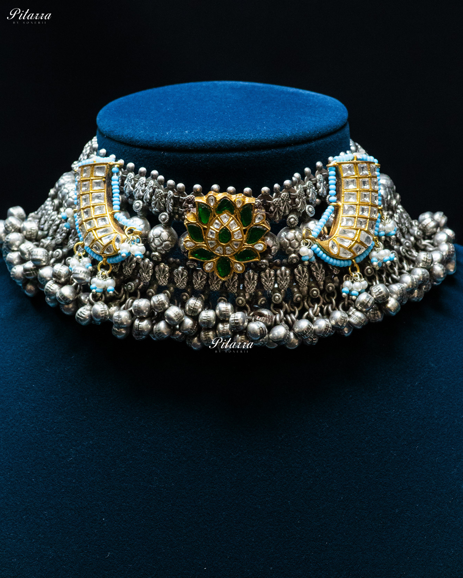 Green Flora White Sword Ghunghroo Silver Look Alike Choker Set