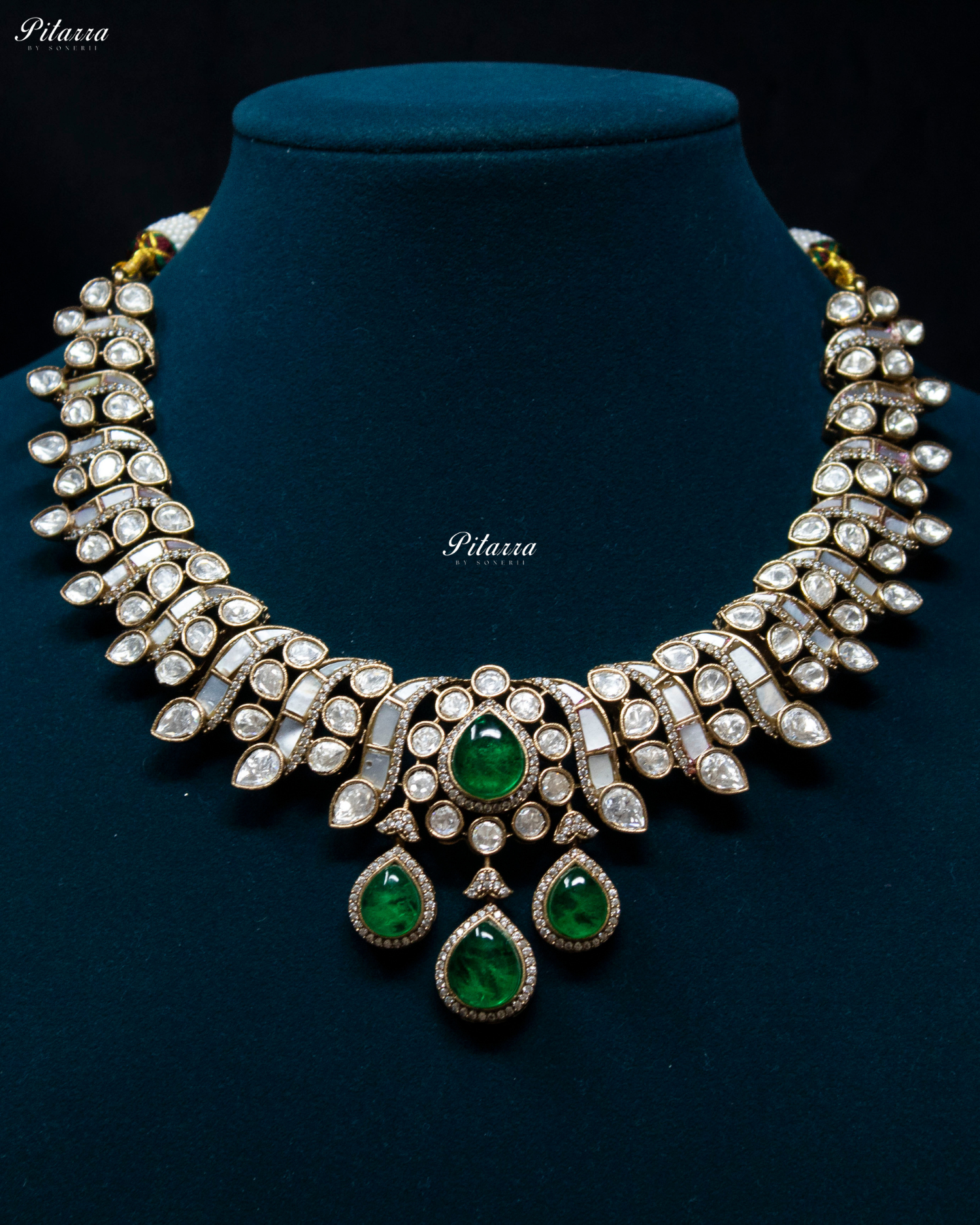 Emerald Drop White Line Victorian Polki Kundan Necklace Set