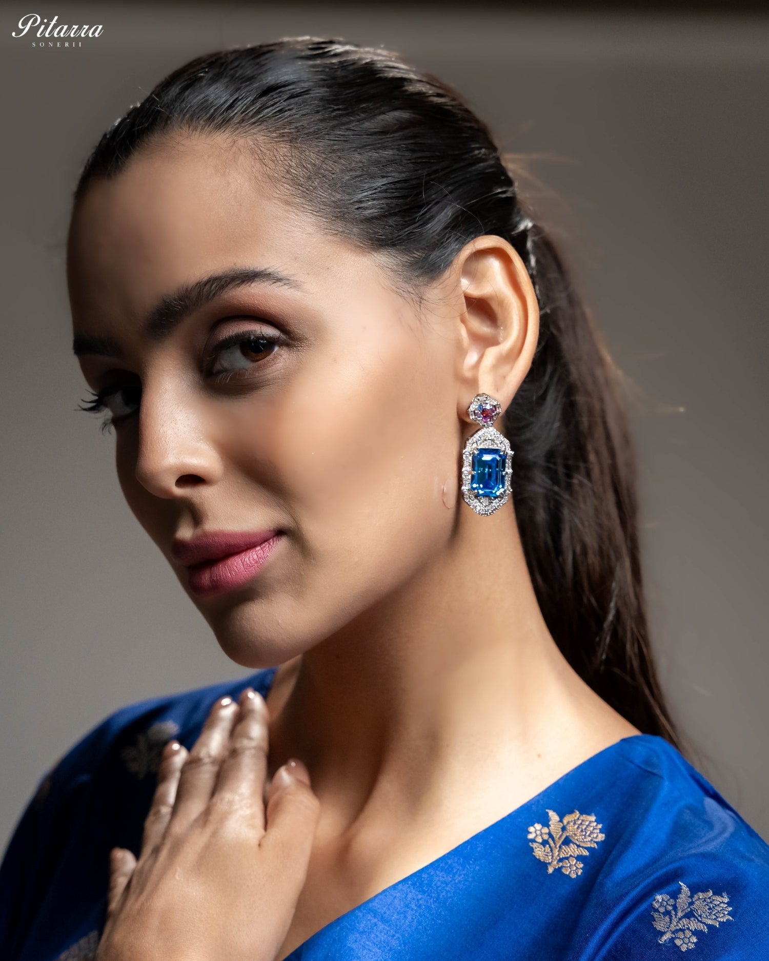 Blue Emerald Cut Diamond Halo Statement Drop Earrings