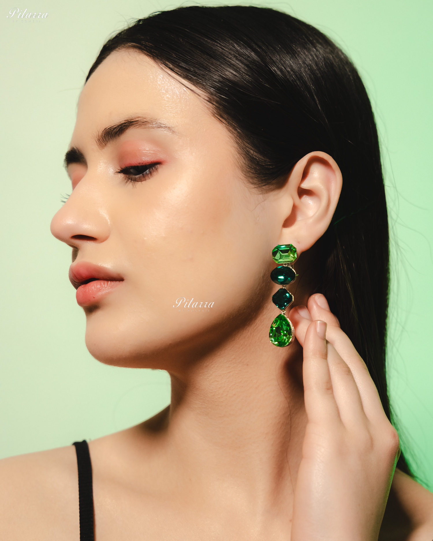 Green Emerald Stone Studded Geometric Crystal Drop Earrings